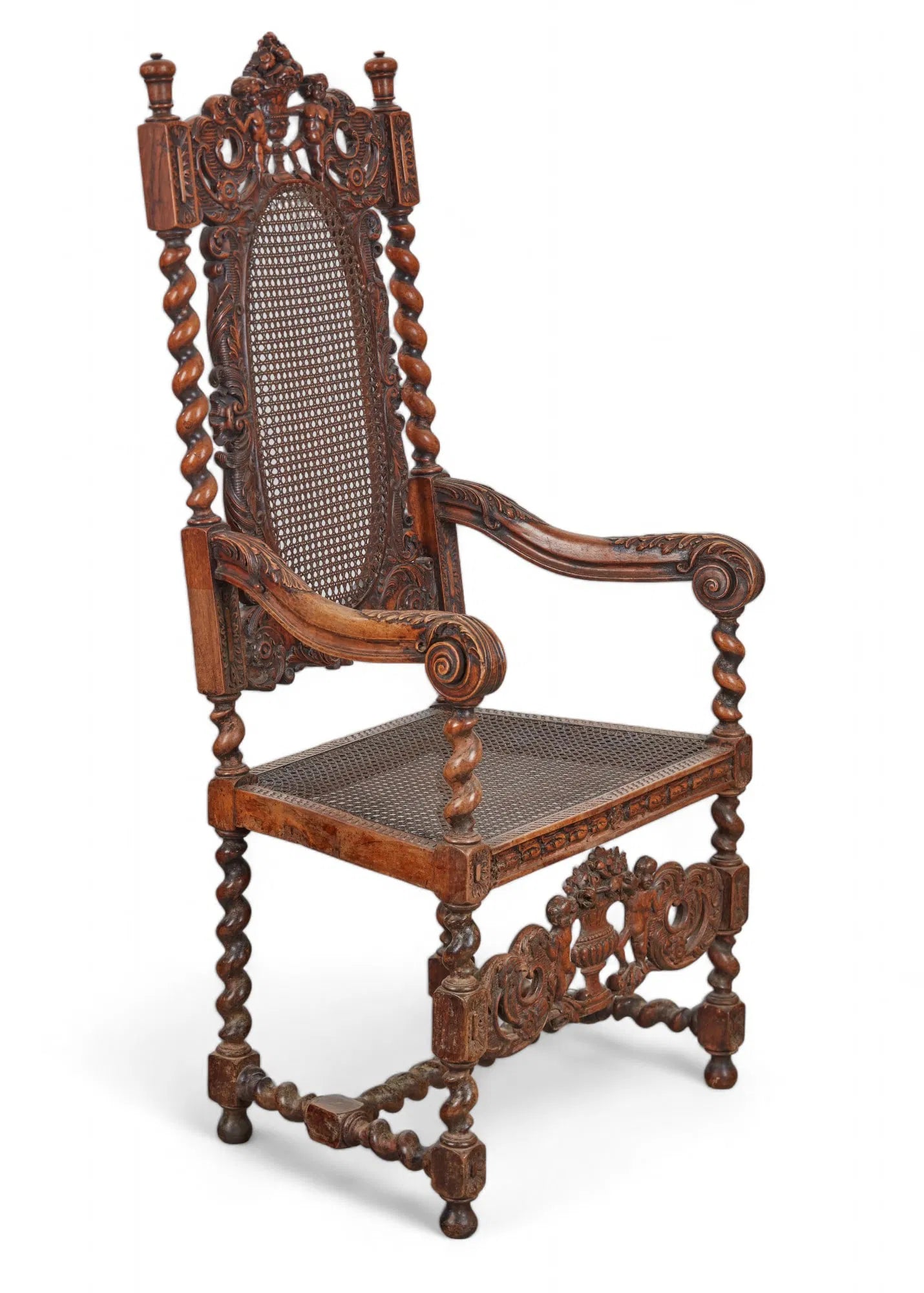 AF2-427: Antique 18th Century Jacobean Baroque Carved Walnut Arm Chair With Caned Seat & Back