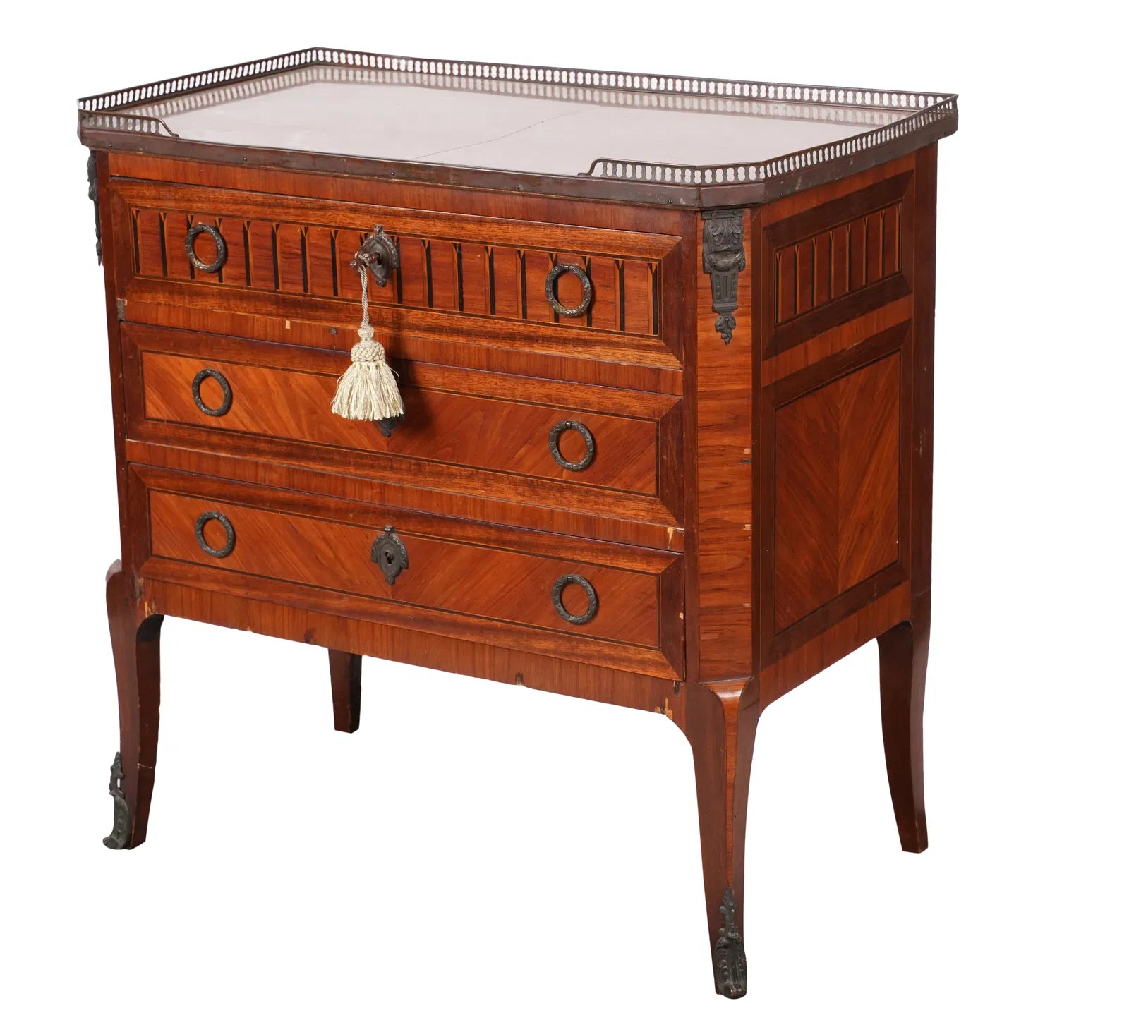 AF4-027: Late 19th Century French Louis XV/XVI Transitional Kingwod Marquetry Marble Top Chest