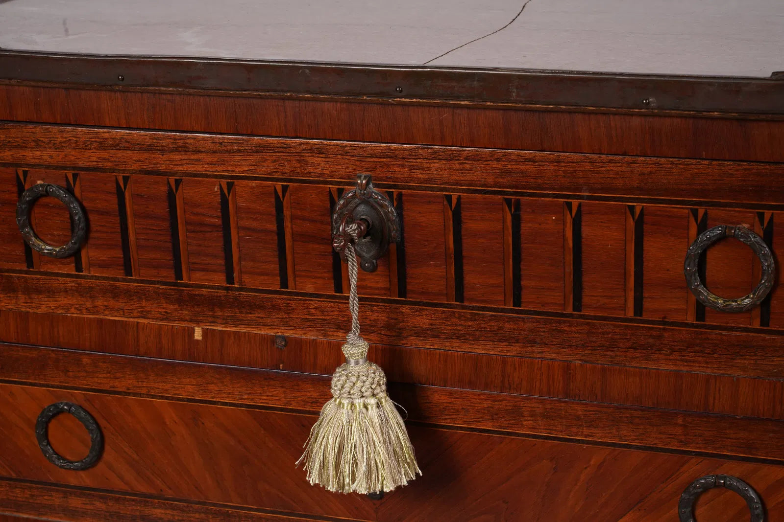 AF4-027: Late 19th Century French Louis XV/XVI Transitional Kingwod Marquetry Marble Top Chest