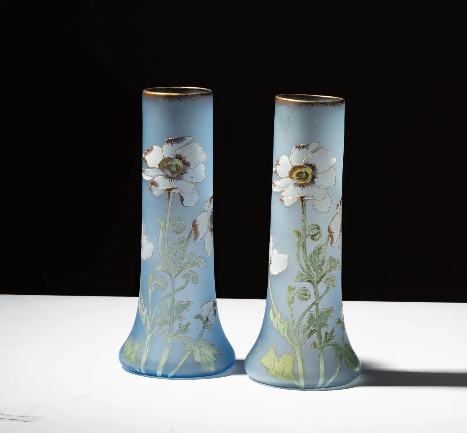 DA4-019: Early 20th Century Pair of Art Nouveau Enamel Decorated Blue Glass Vases