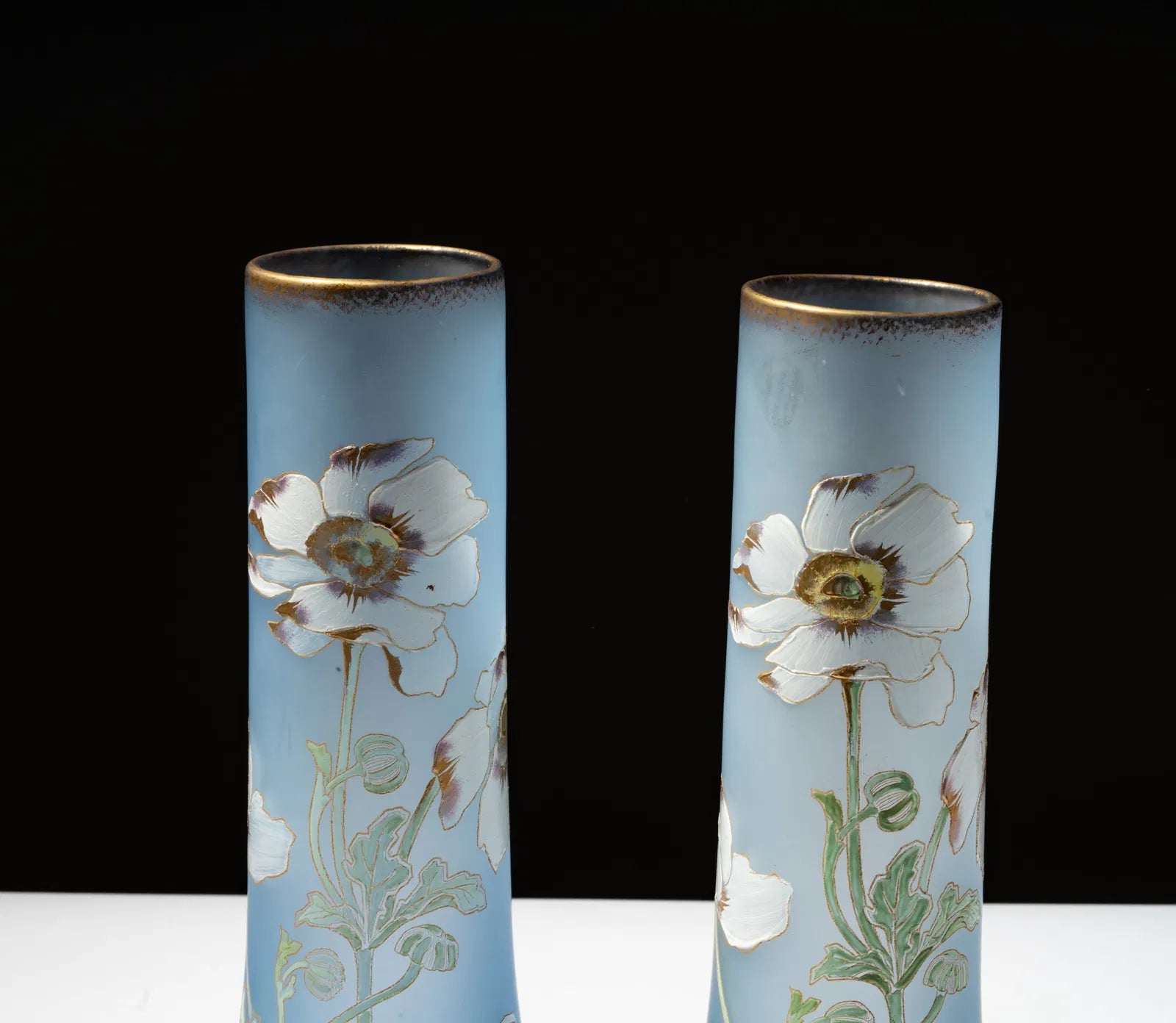 DA4-019: Early 20th Century Pair of Art Nouveau Enamel Decorated Blue Glass Vases