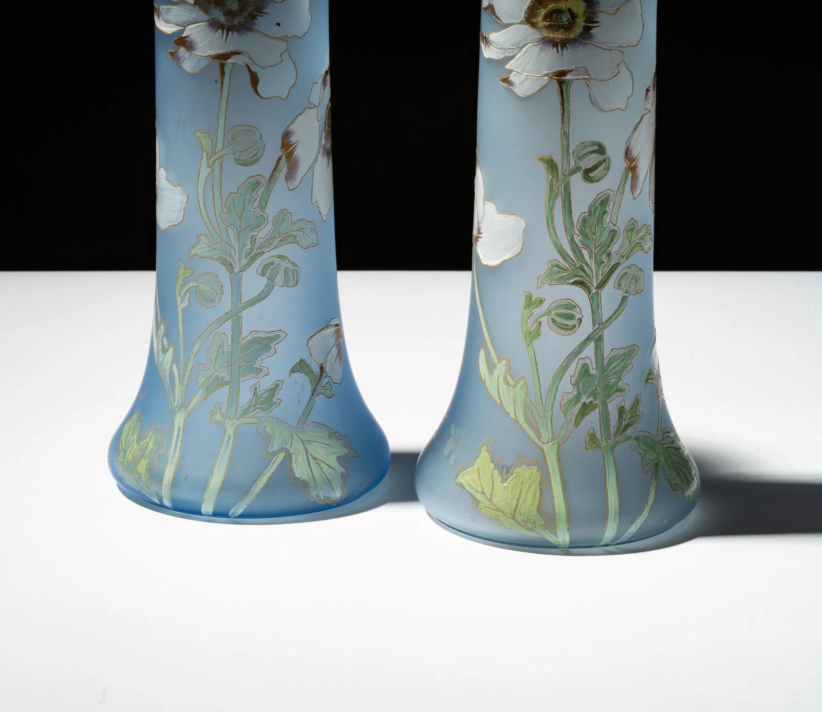 DA4-019: Early 20th Century Pair of Art Nouveau Enamel Decorated Blue Glass Vases