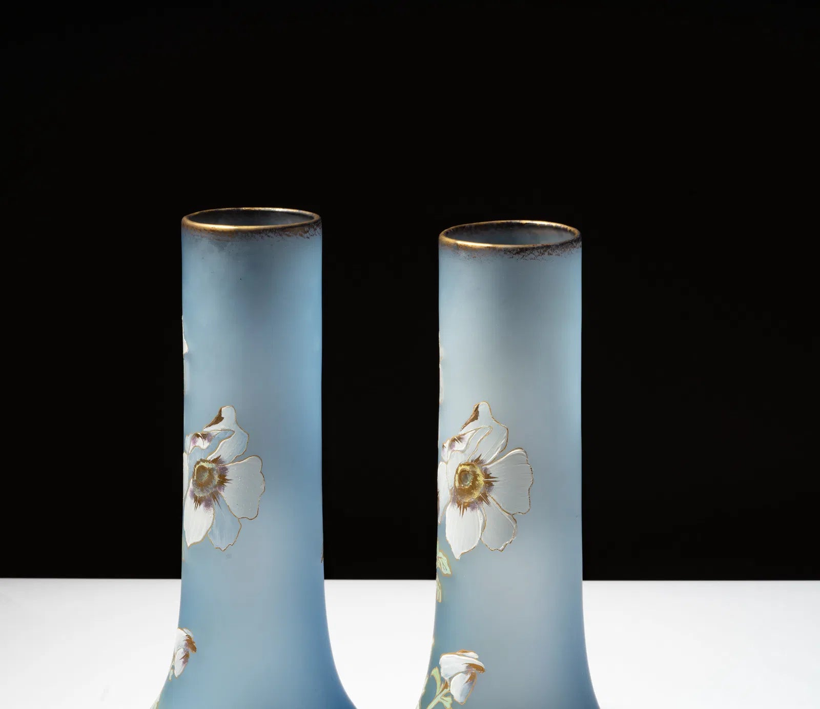 DA4-019: Early 20th Century Pair of Art Nouveau Enamel Decorated Blue Glass Vases