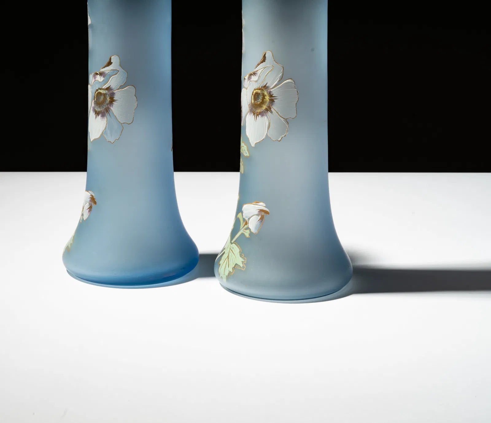 DA4-019: Early 20th Century Pair of Art Nouveau Enamel Decorated Blue Glass Vases