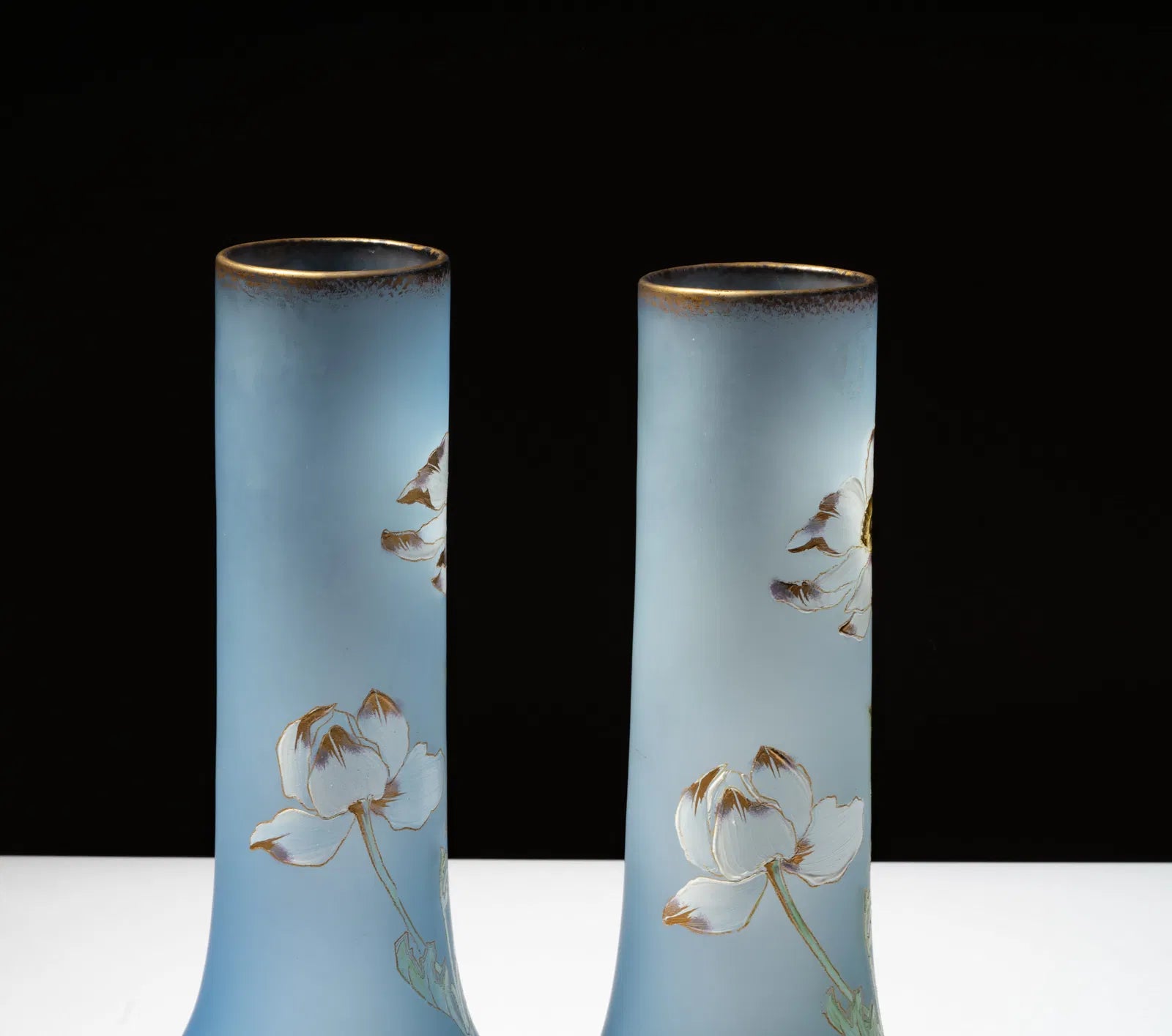 DA4-019: Early 20th Century Pair of Art Nouveau Enamel Decorated Blue Glass Vases