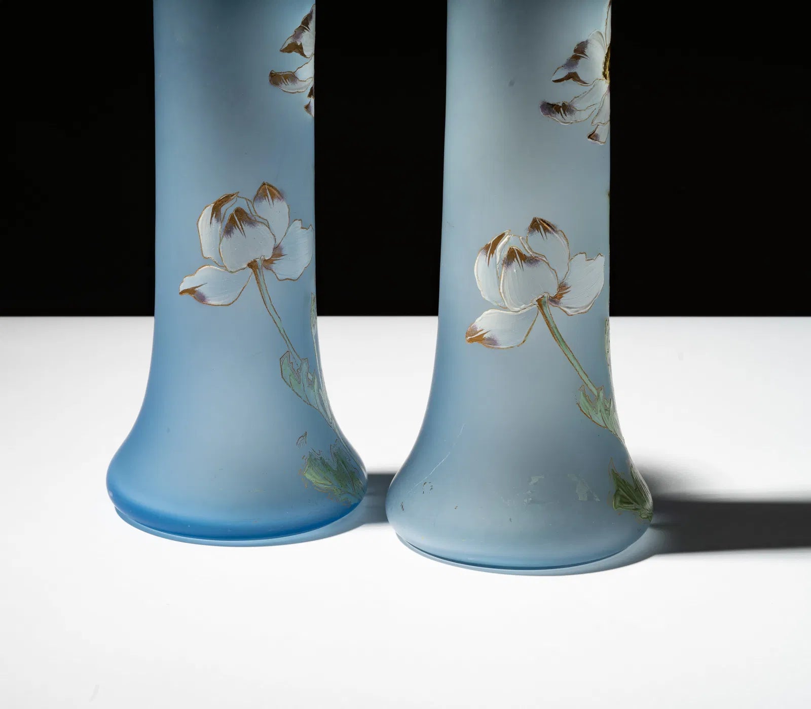 DA4-019: Early 20th Century Pair of Art Nouveau Enamel Decorated Blue Glass Vases