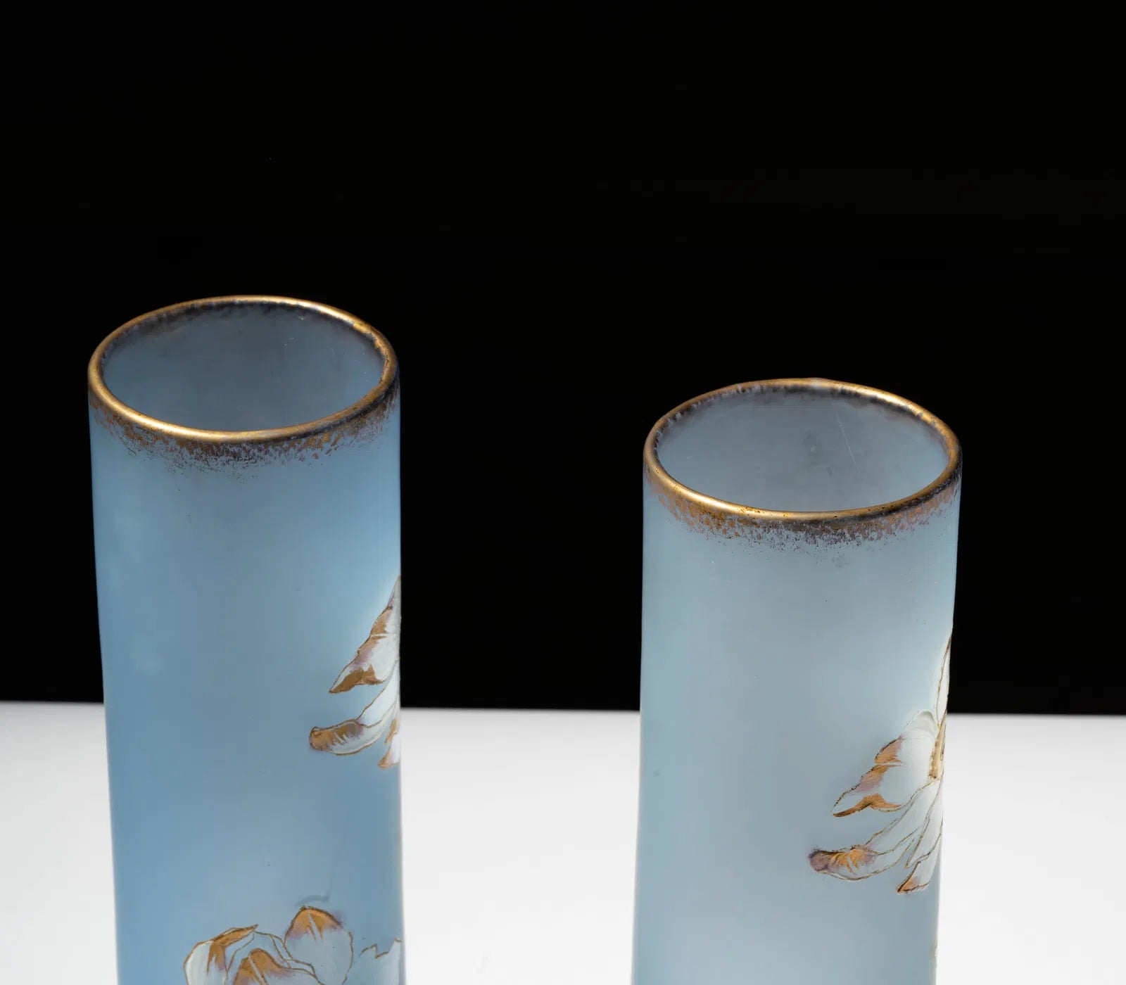 DA4-019: Early 20th Century Pair of Art Nouveau Enamel Decorated Blue Glass Vases