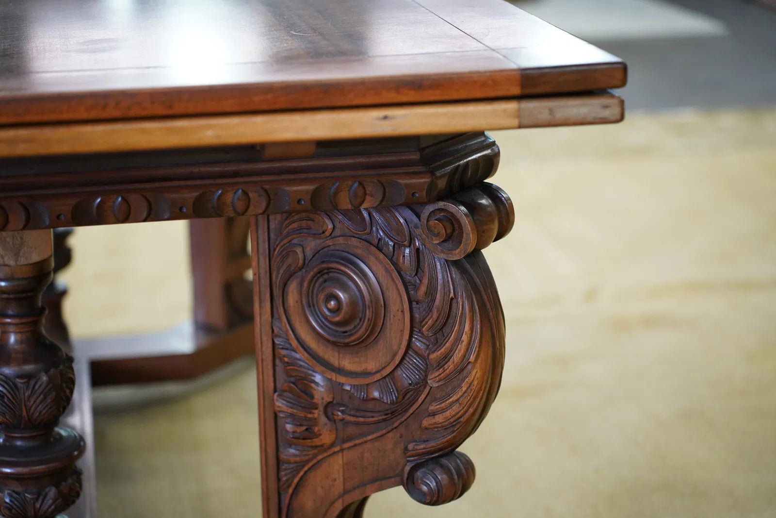 AF1-244: C 1920 Berkey Gay Renaissance Revival Carved Walnut Extension Dining Table