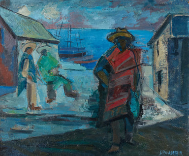 Fritz Schwaderer "Men on the Dock" Expressionist Oil on Board Circa 1960's | Work of Man