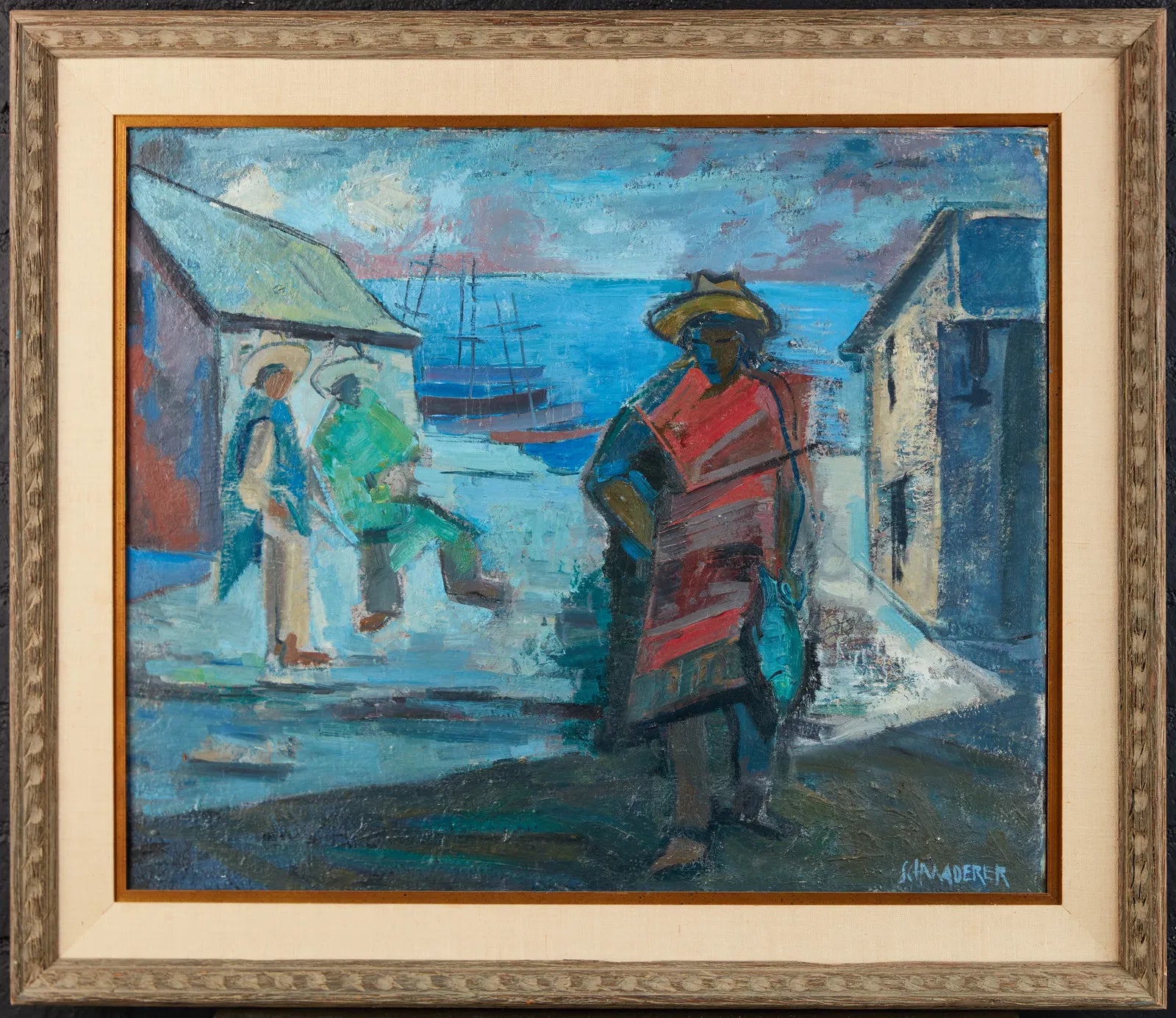 AW745: Fritz Schwaderer "Men on Dock" Expressionist Oil on Board Circa 1960's