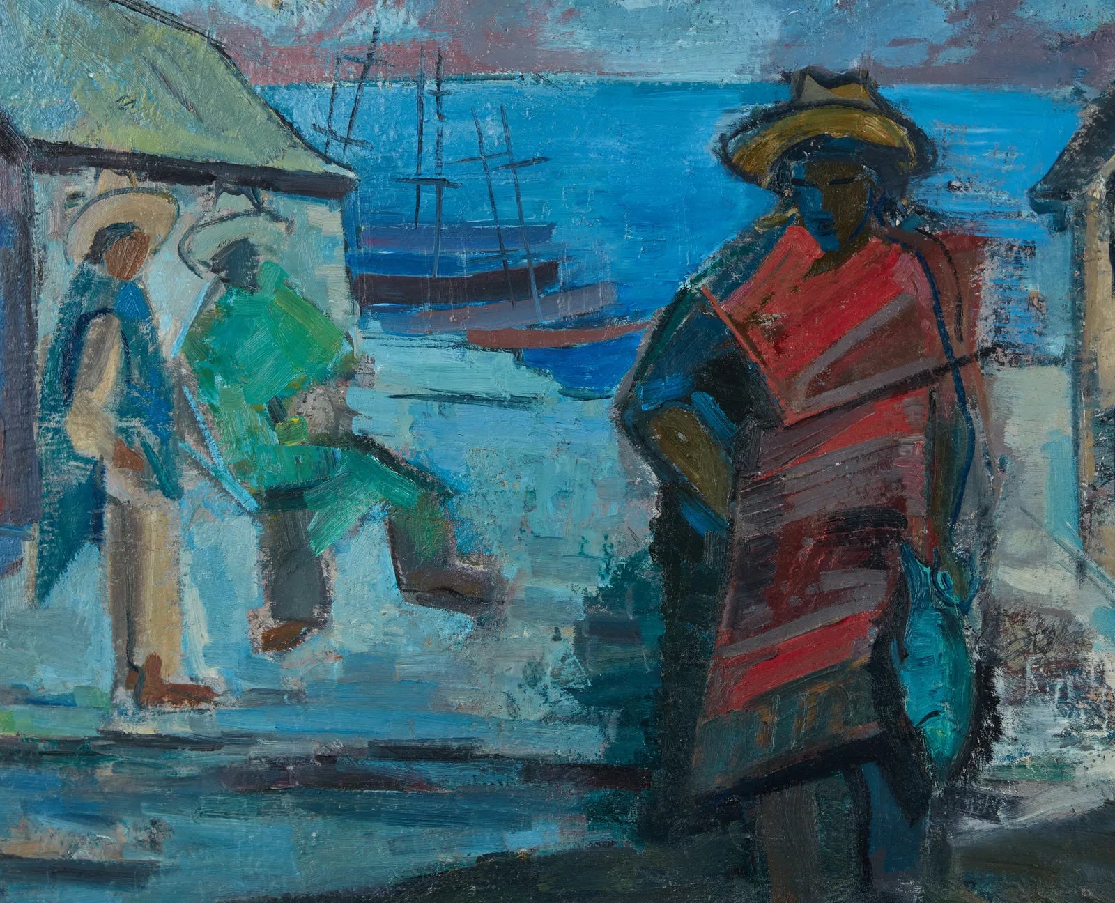 AW745: Fritz Schwaderer "Men on Dock" Expressionist Oil on Board Circa 1960's