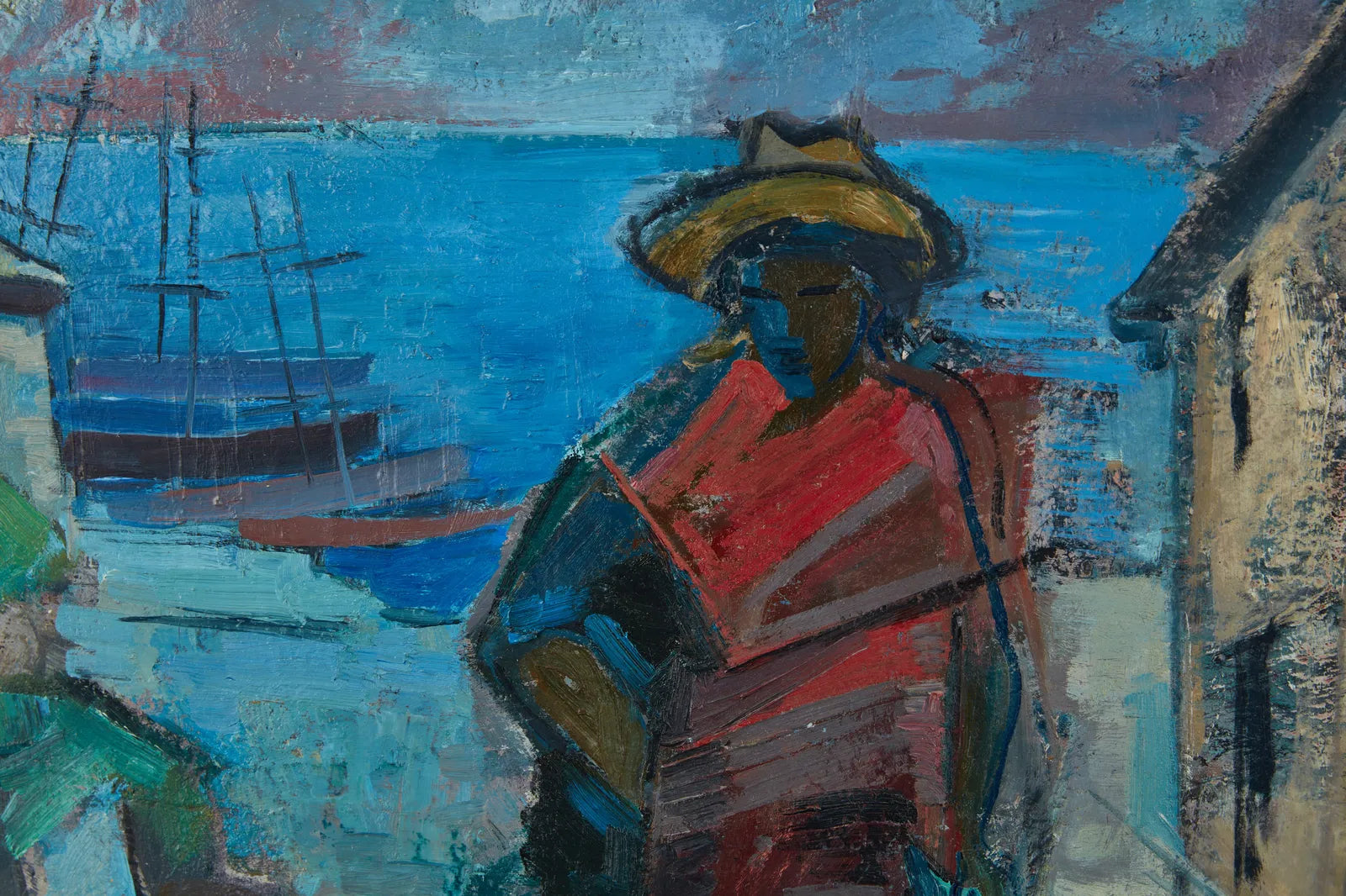 AW745: Fritz Schwaderer "Men on Dock" Expressionist Oil on Board Circa 1960's