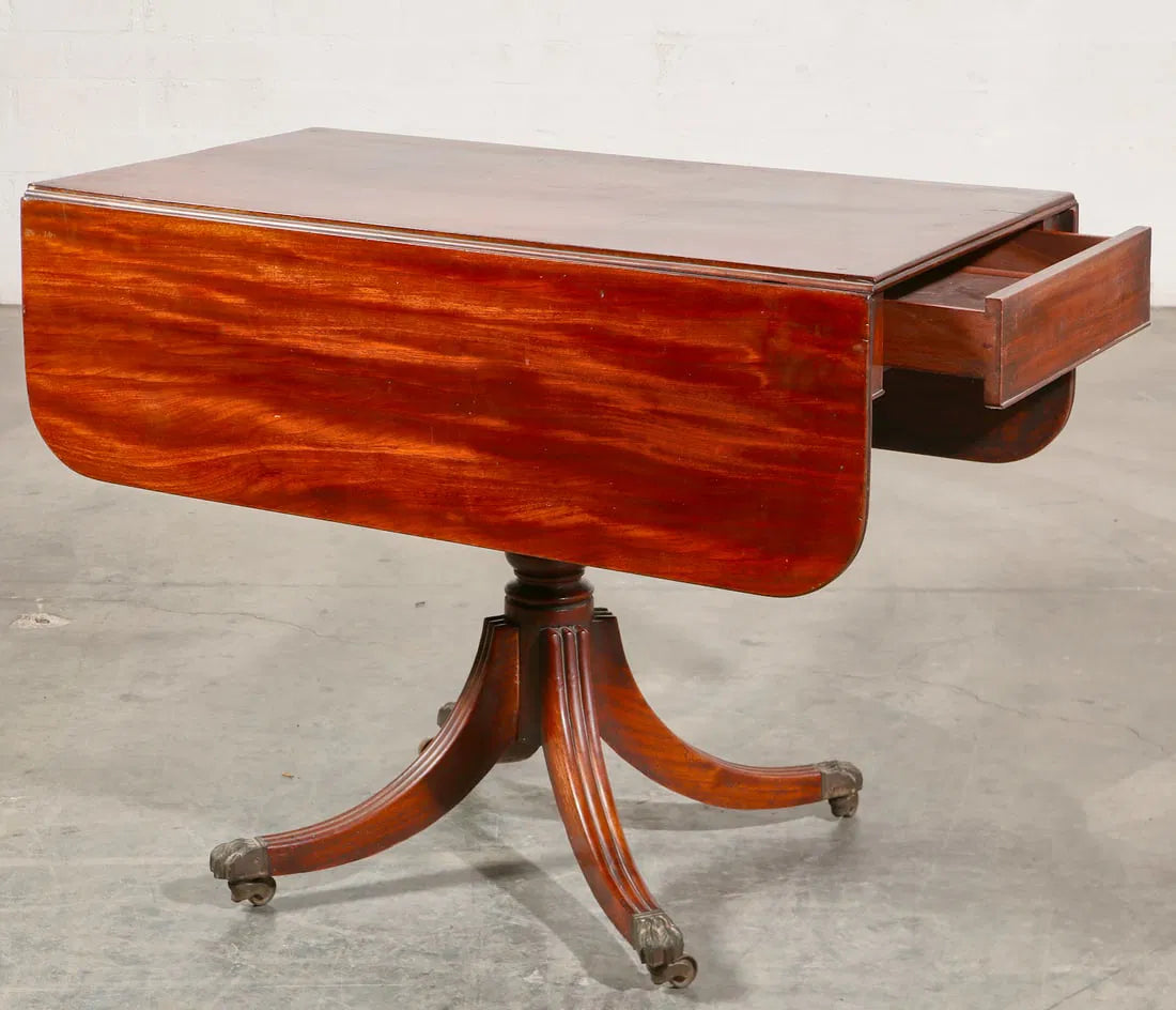 AF1-037: Antique Early 19th Century English Regency Mahogany Pedestal Drop Leaf Table