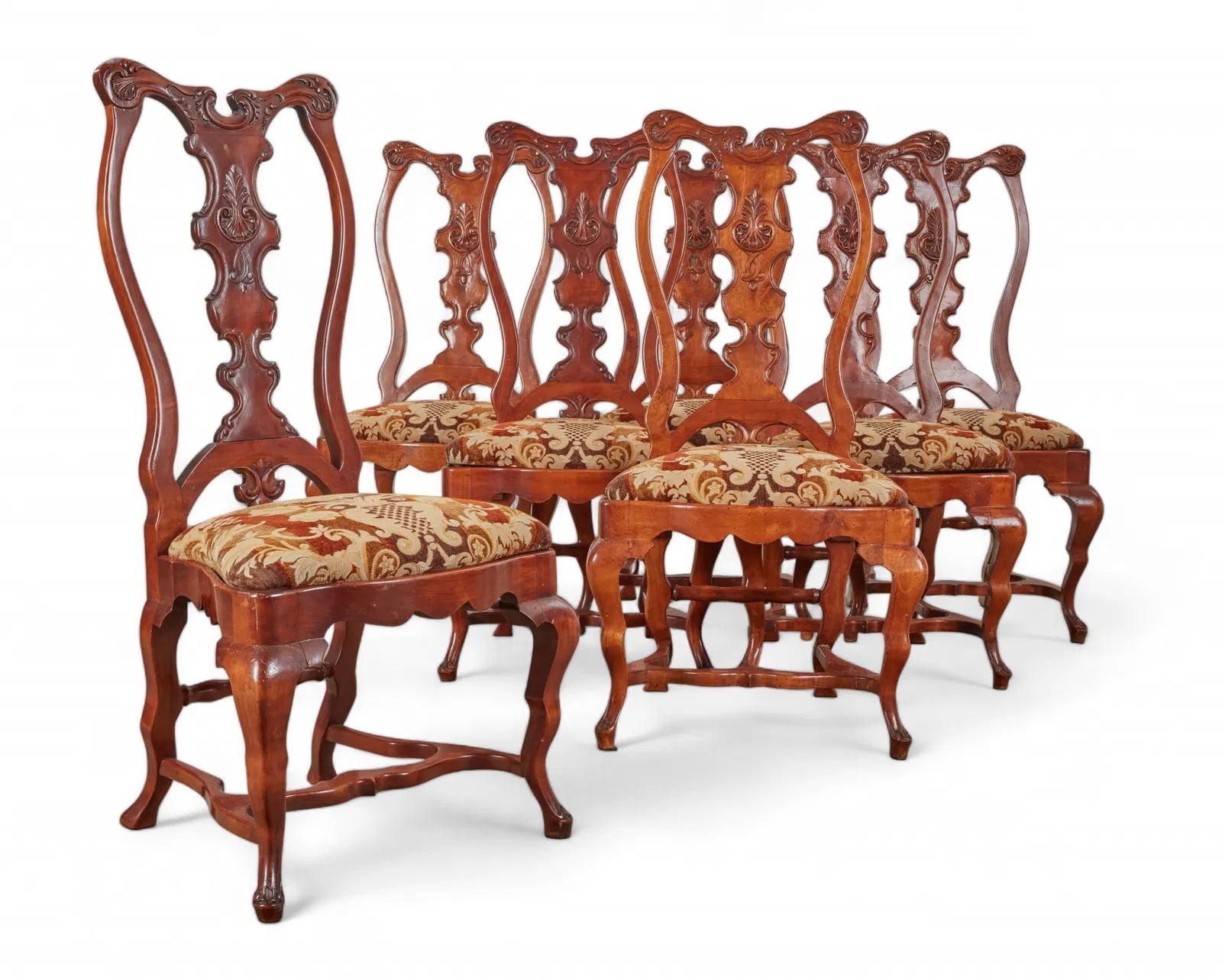 AF2-045: Late 20th Century Portuguese Baroque Yew Wood Dining Chairs (Set of 7)