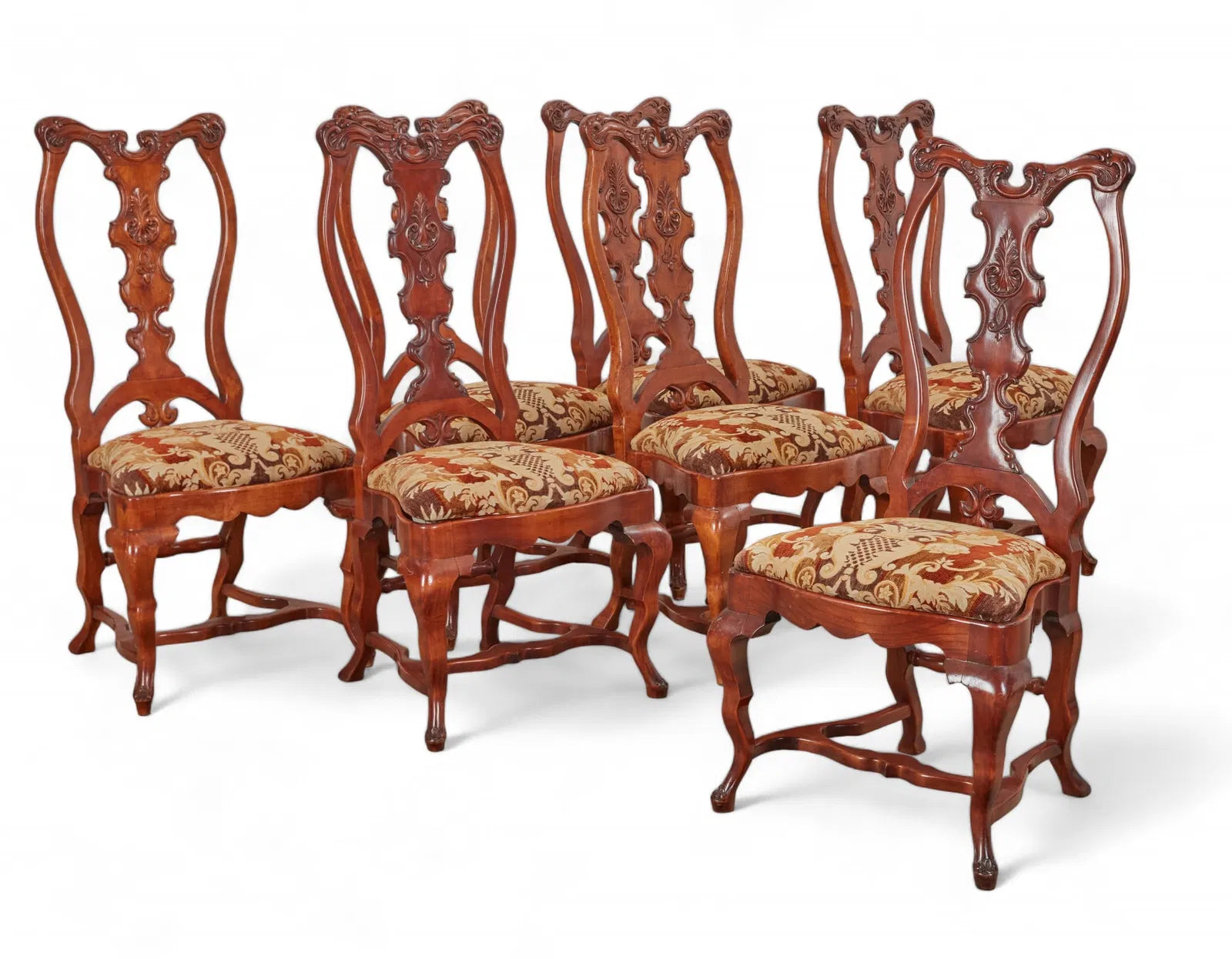 AF2-045: Late 20th Century Portuguese Baroque Yew Wood Dining Chairs (Set of 7)