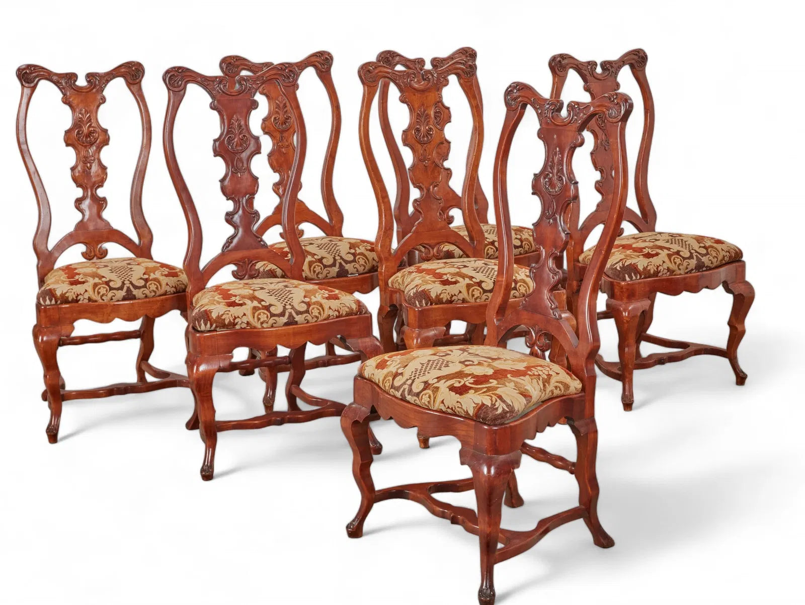 AF2-045: Late 20th Century Portuguese Baroque Yew Wood Dining Chairs (Set of 7)