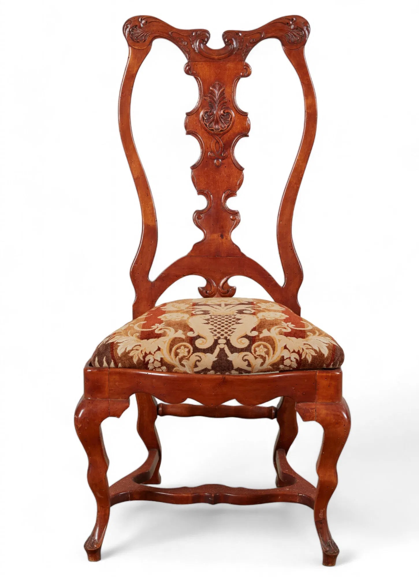 AF2-045: Late 20th Century Portuguese Baroque Yew Wood Dining Chairs (Set of 7)