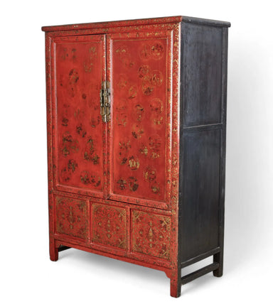 Late 20th Century Chinese Red Lacquer Chinoiserie Gilt Decorated Cabinet | Work of Man