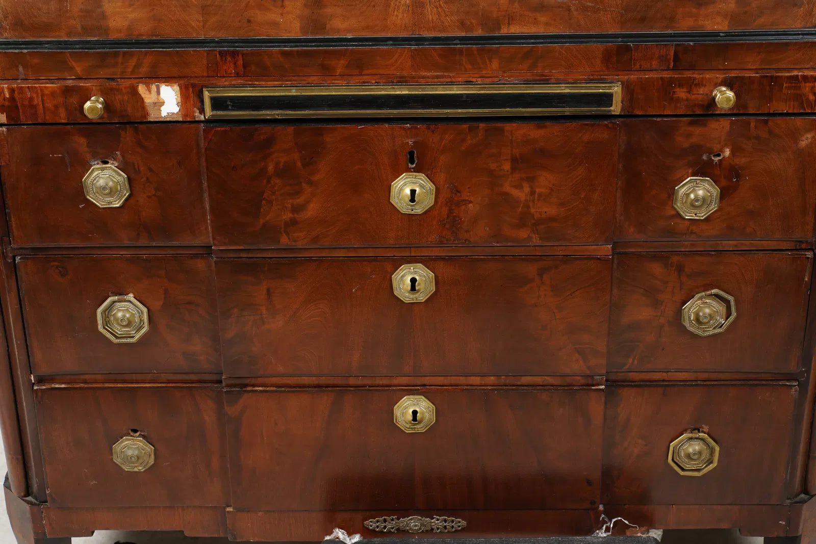 AF5-024: Antique Circa 1815 French Bourbon Restoration Flame Mahogany Cylinder Desk