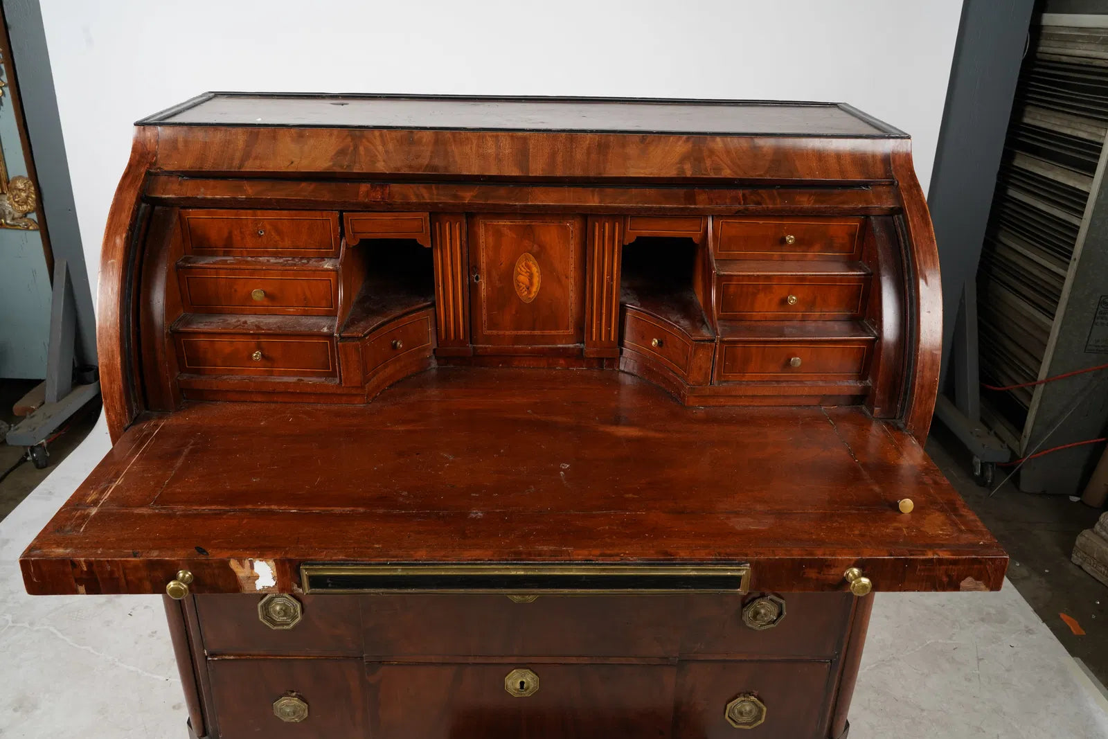 AF5-024: Antique Circa 1815 French Bourbon Restoration Flame Mahogany Cylinder Desk