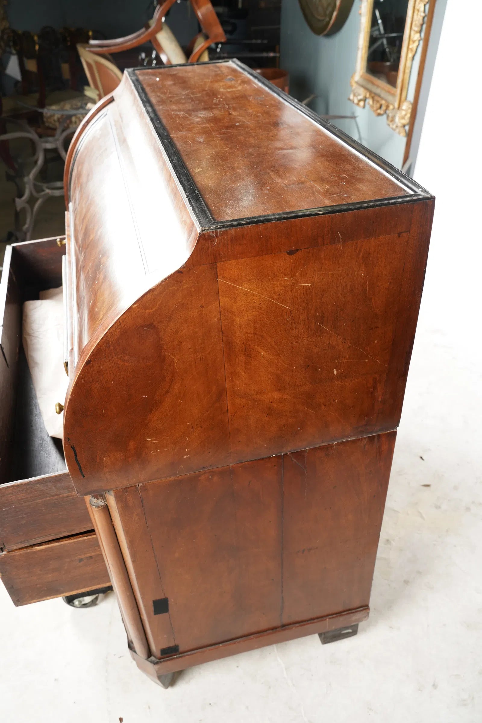 AF5-024: Antique Circa 1815 French Bourbon Restoration Flame Mahogany Cylinder Desk