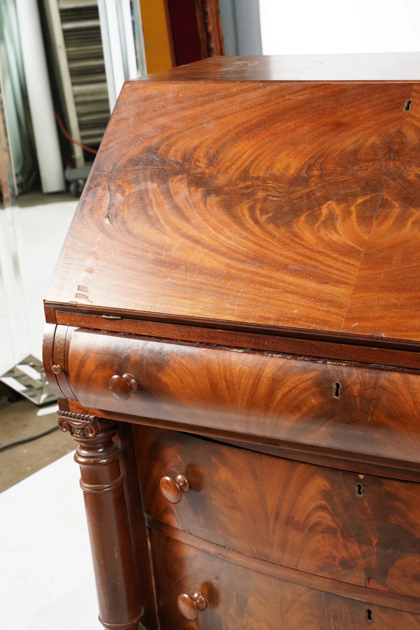 AF5-041: Antique Circa 1840 American Late Classical Mahogany Slant Front Secretary Desk