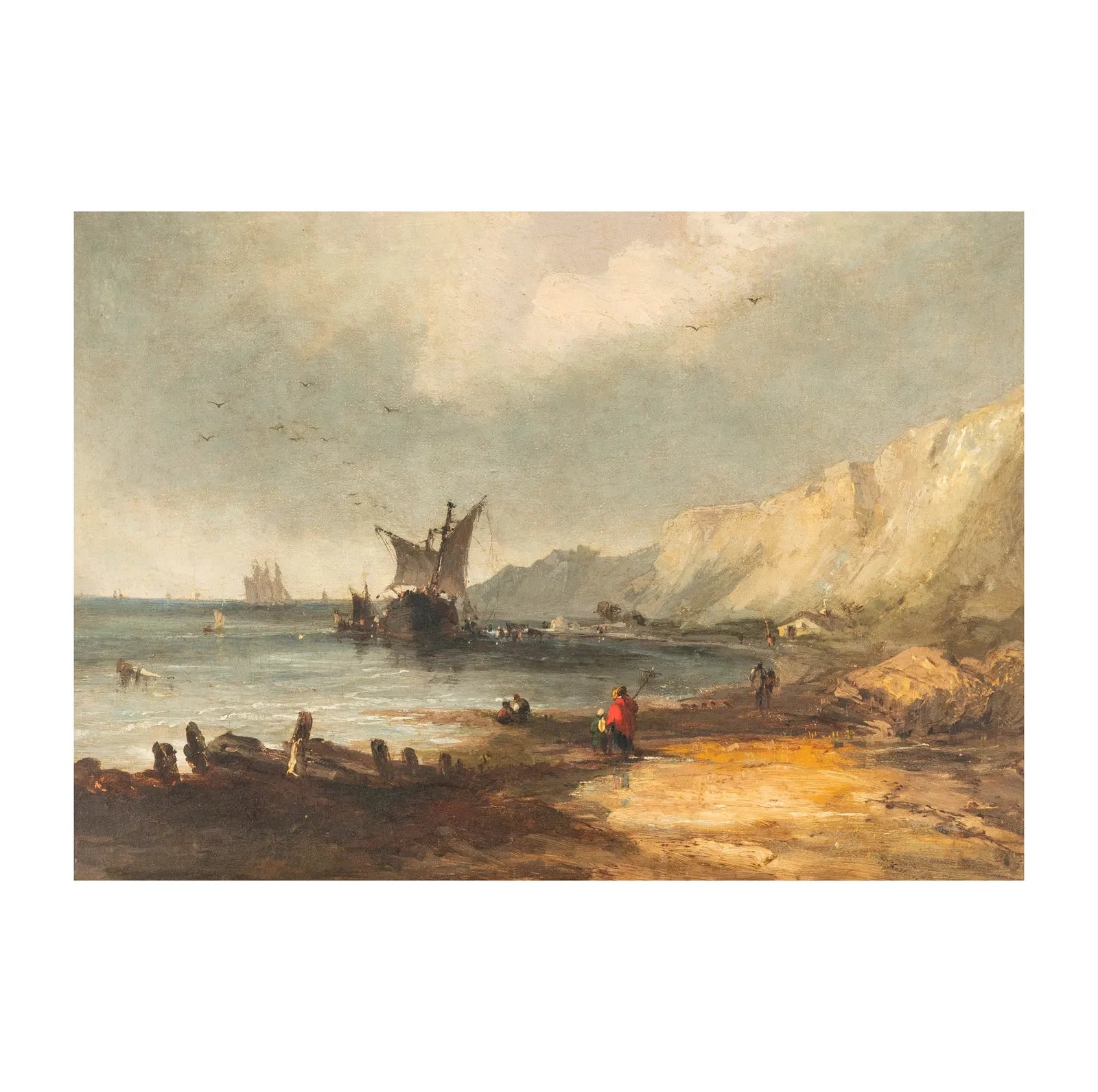 Antique Early 19th C Ships Along  Coast Oil on Canvas | Work of Man