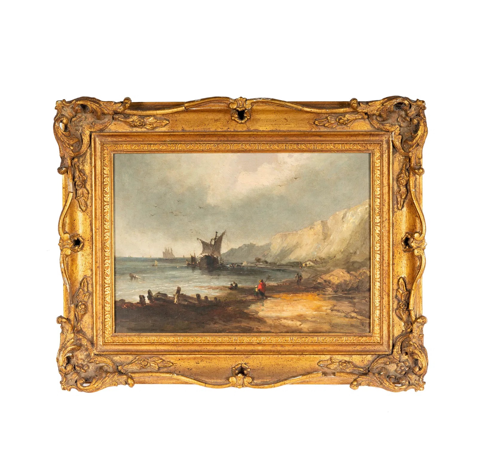 AW764: Antique Oil Painting Arriving Ships Along the Coast Early 19th Century