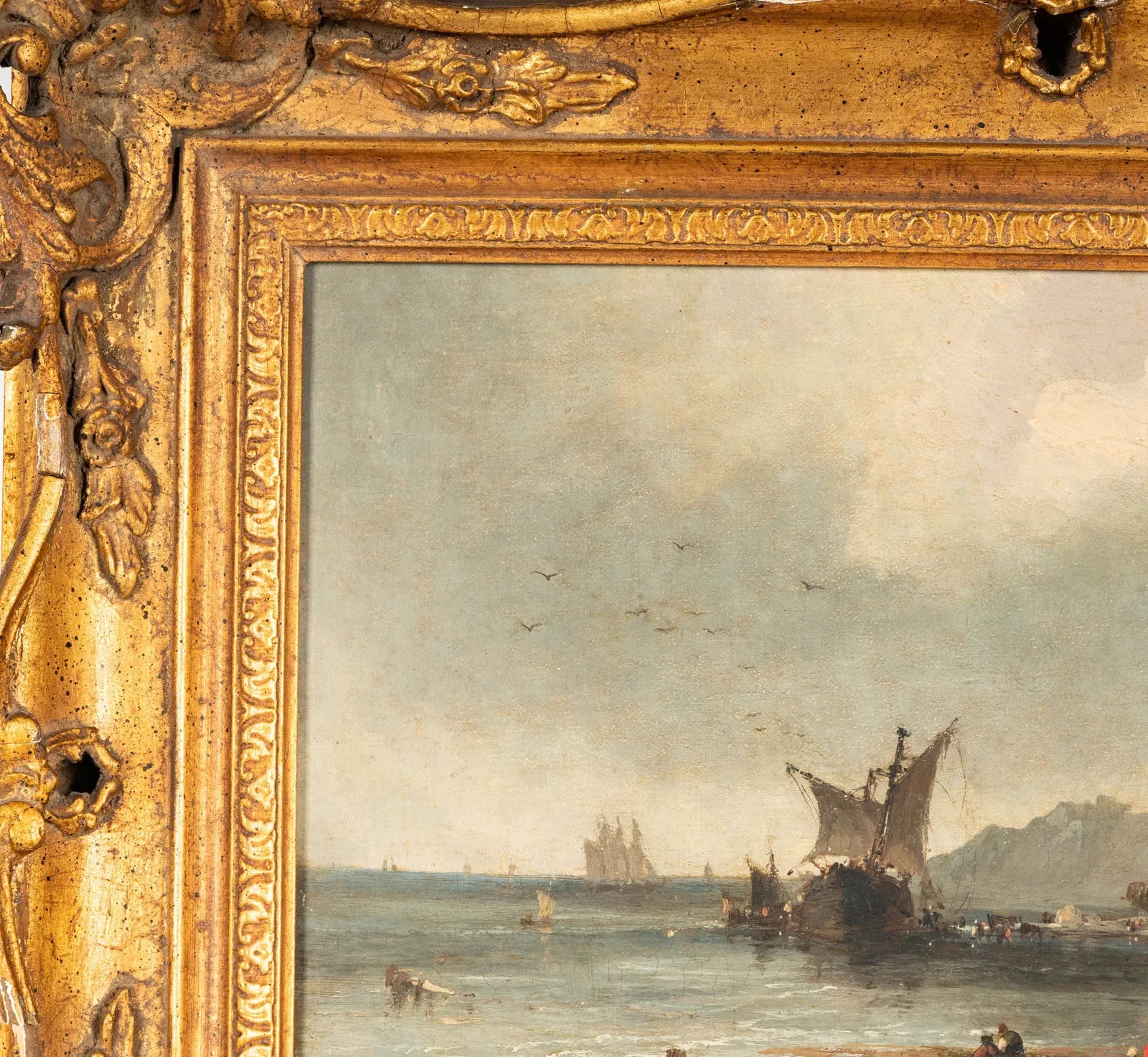 AW764: Antique Oil Painting Arriving Ships Along the Coast Early 19th Century