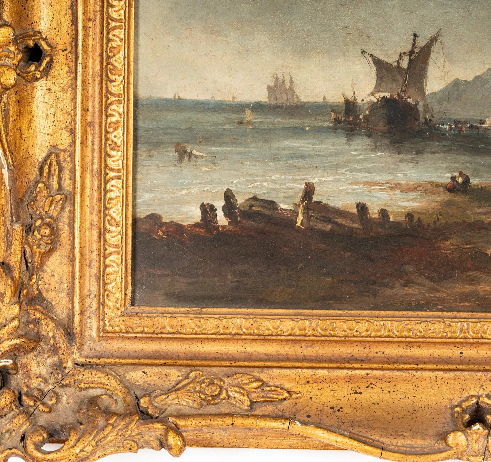 AW764: Antique Oil Painting Arriving Ships Along the Coast Early 19th Century