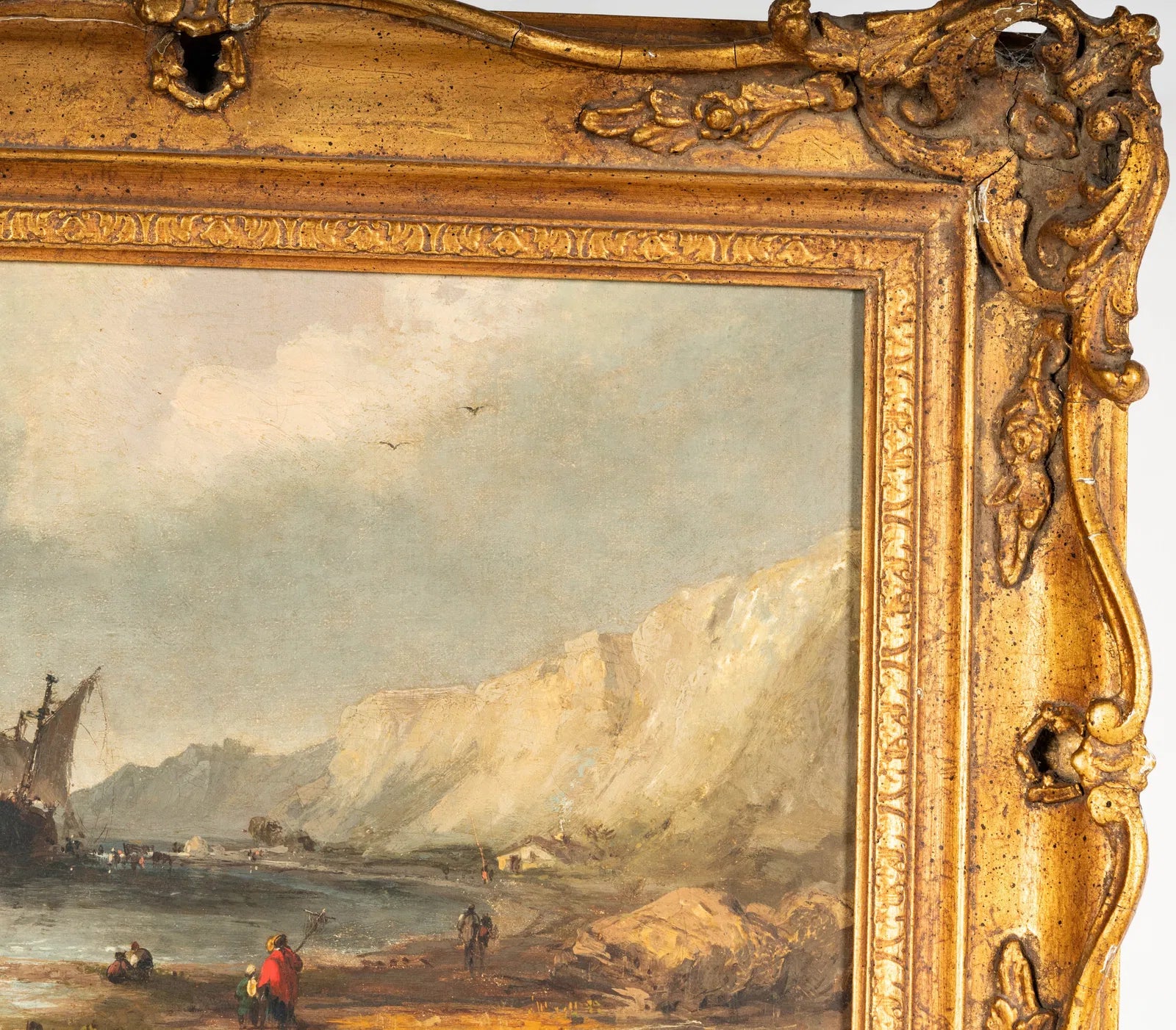 AW764: Antique Oil Painting Arriving Ships Along the Coast Early 19th Century