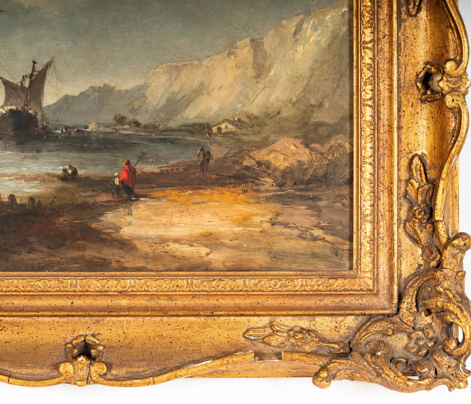 AW764: Antique Oil Painting Arriving Ships Along the Coast Early 19th Century