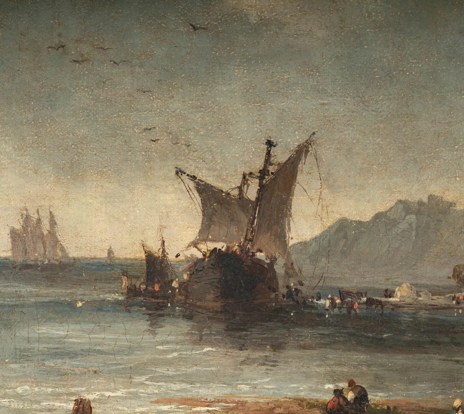 AW764: Antique Oil Painting Arriving Ships Along the Coast Early 19th Century