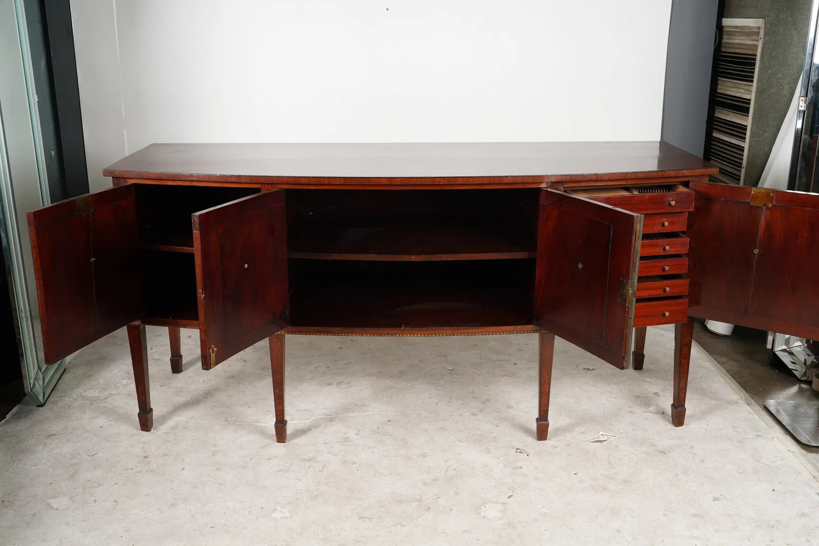 AF3-018: Late 18th Century American Federal Hepplewhite Bow Front Mahogany Sideboard