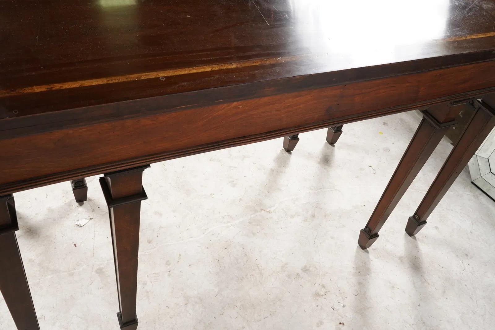 AF1-034: Early 20th Century English Edwardian Carved Inlaid Mahogany Console Sideboard Table