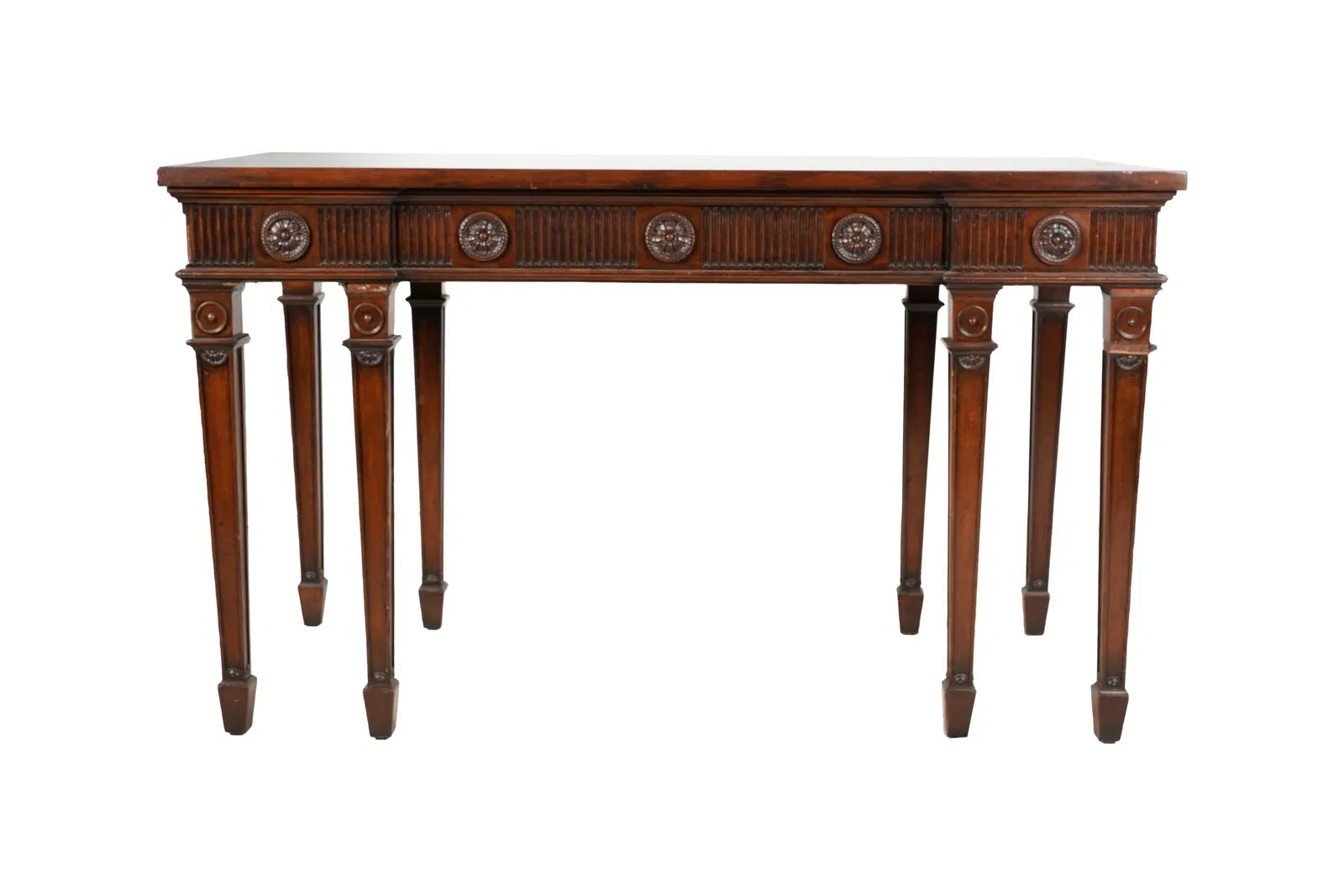 Early 20th C Edwardian Carved Inlaid Mahogany Console Serving Table | Work of Man