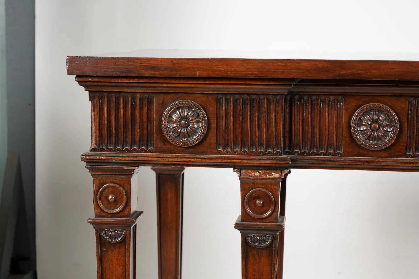 AF1-034: Early 20th Century English Edwardian Carved Inlaid Mahogany Console Sideboard Table