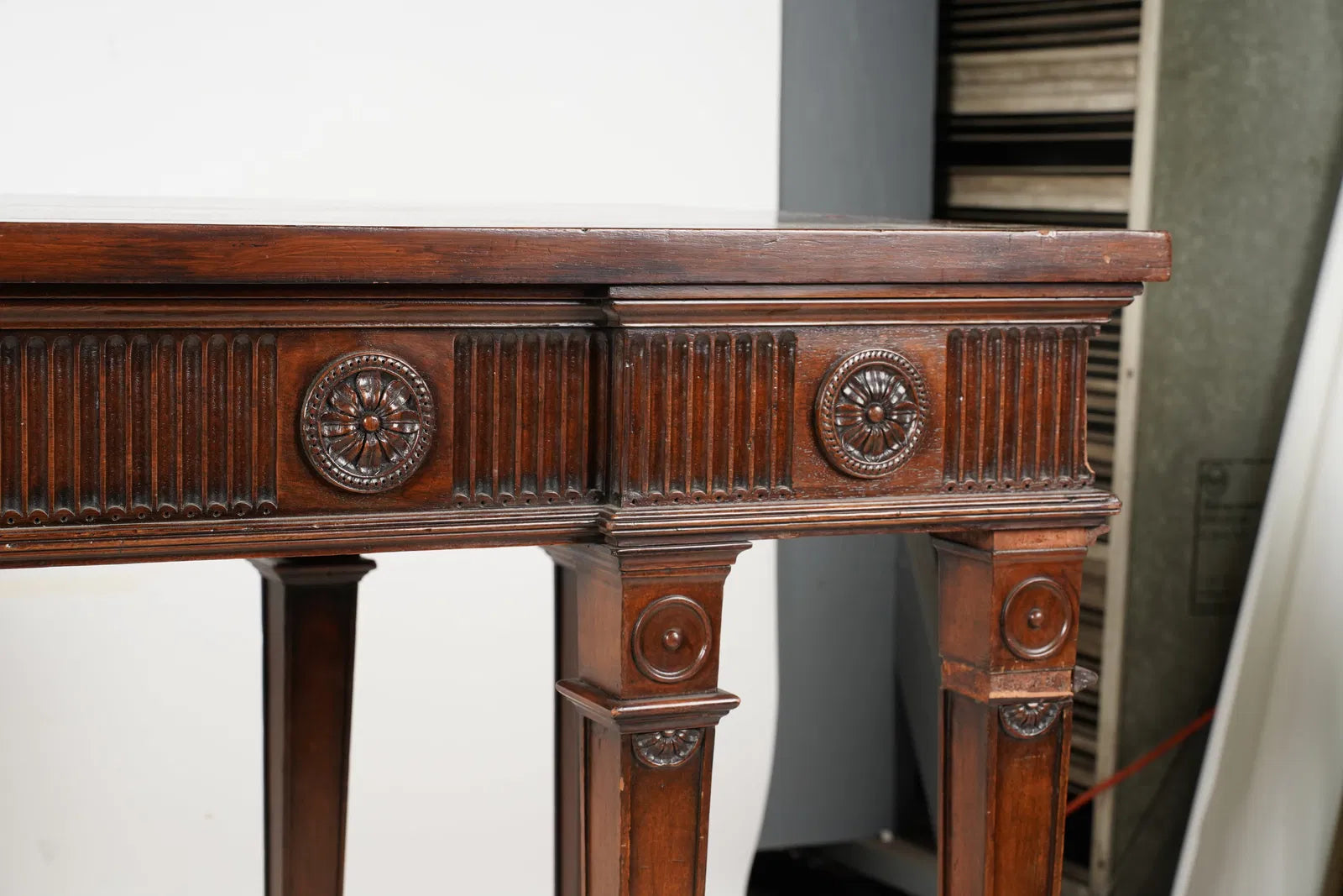 AF1-034: Early 20th Century English Edwardian Carved Inlaid Mahogany Console Sideboard Table