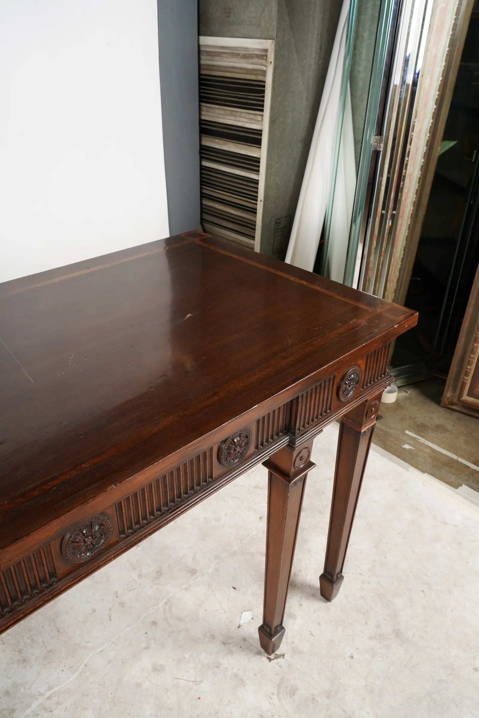 AF1-034: Early 20th Century English Edwardian Carved Inlaid Mahogany Console Sideboard Table