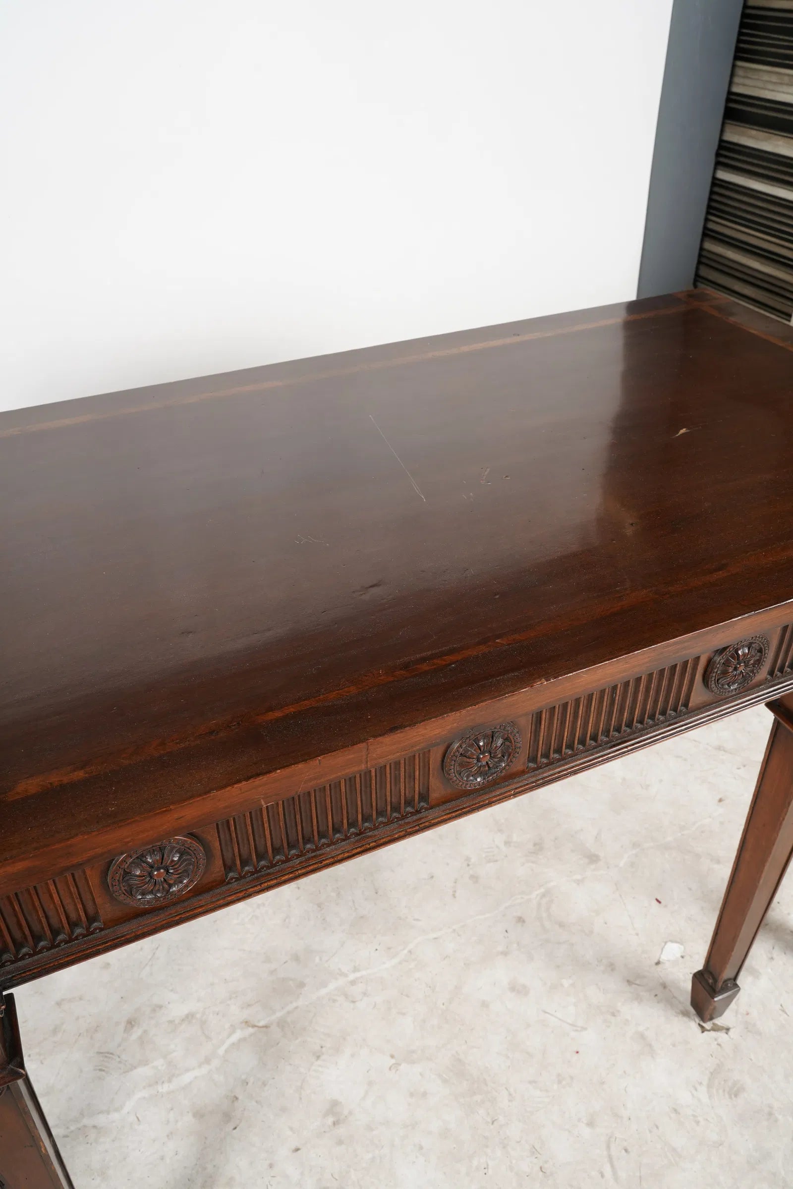 AF1-034: Early 20th Century English Edwardian Carved Inlaid Mahogany Console Sideboard Table