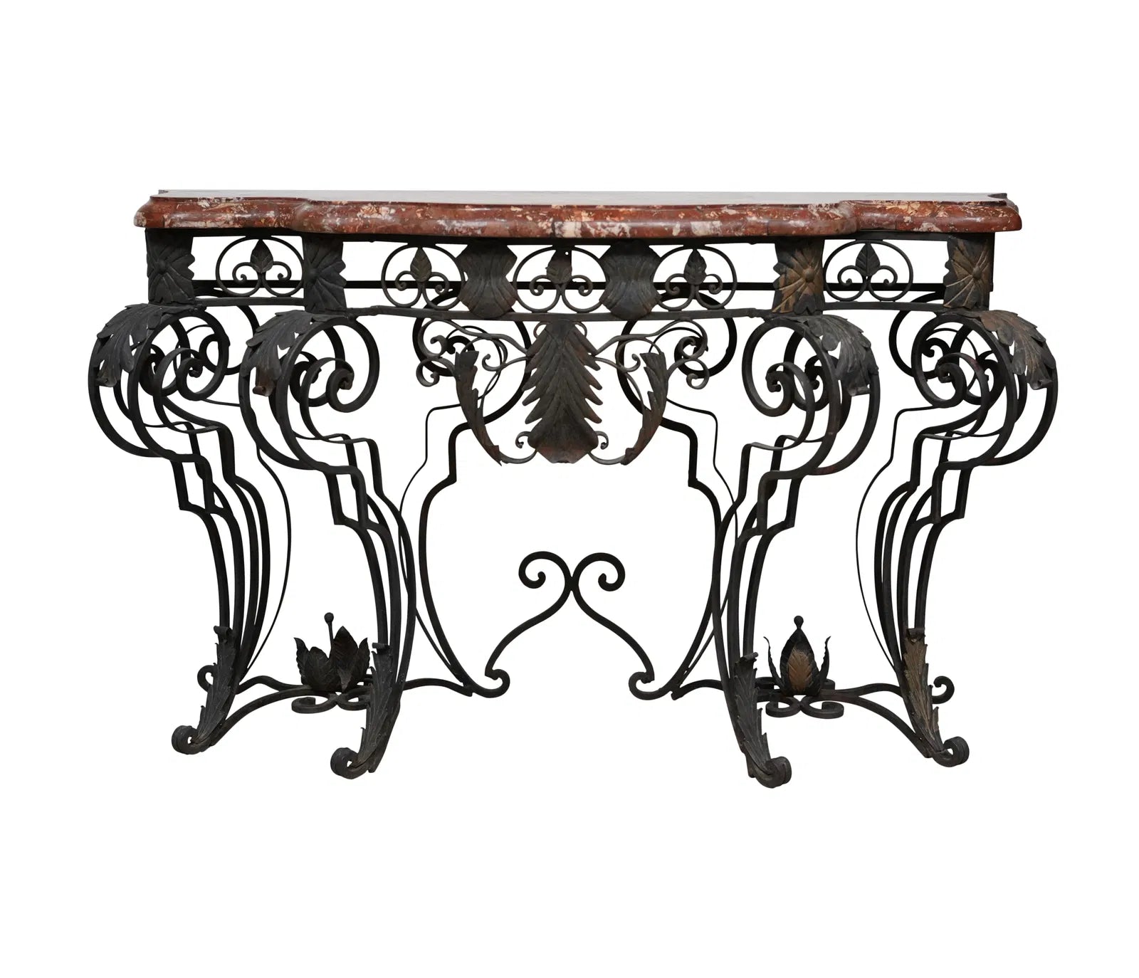 AF1-397:  Pair of Antique Late 19th Century French Louis XIV Wrought Iron Consoles With Rouge Marble Tops