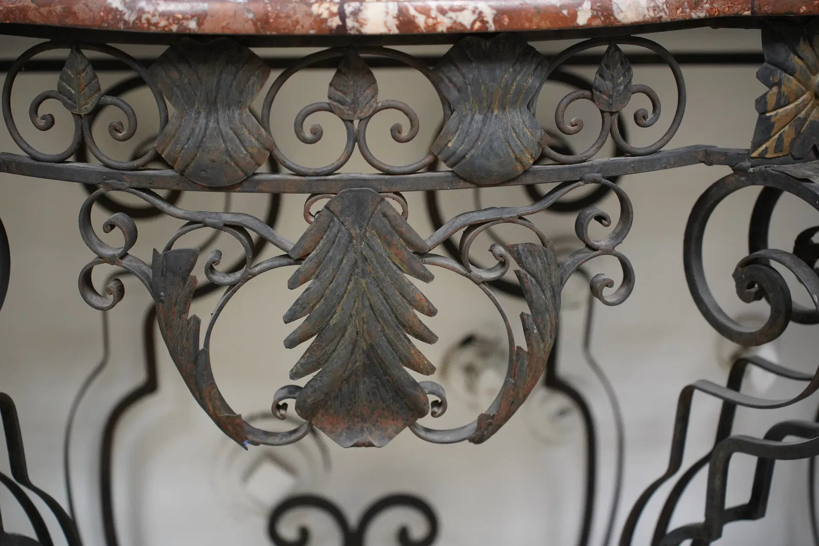 AF1-397:  Pair of Antique Late 19th Century French Louis XIV Wrought Iron Consoles With Rouge Marble Tops