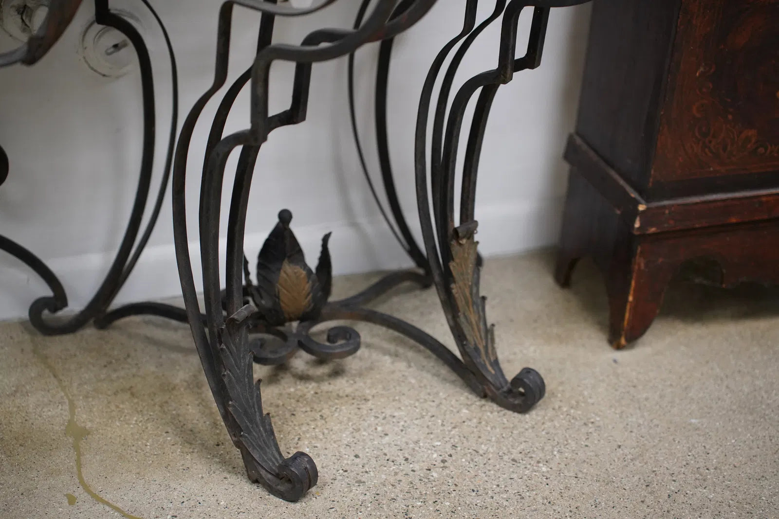 AF1-397:  Pair of Antique Late 19th Century French Louis XIV Wrought Iron Consoles With Rouge Marble Tops