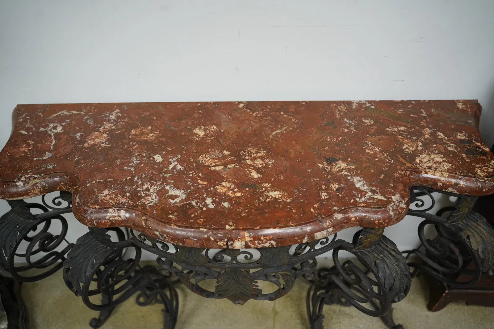 AF1-397:  Pair of Antique Late 19th Century French Louis XIV Wrought Iron Consoles With Rouge Marble Tops