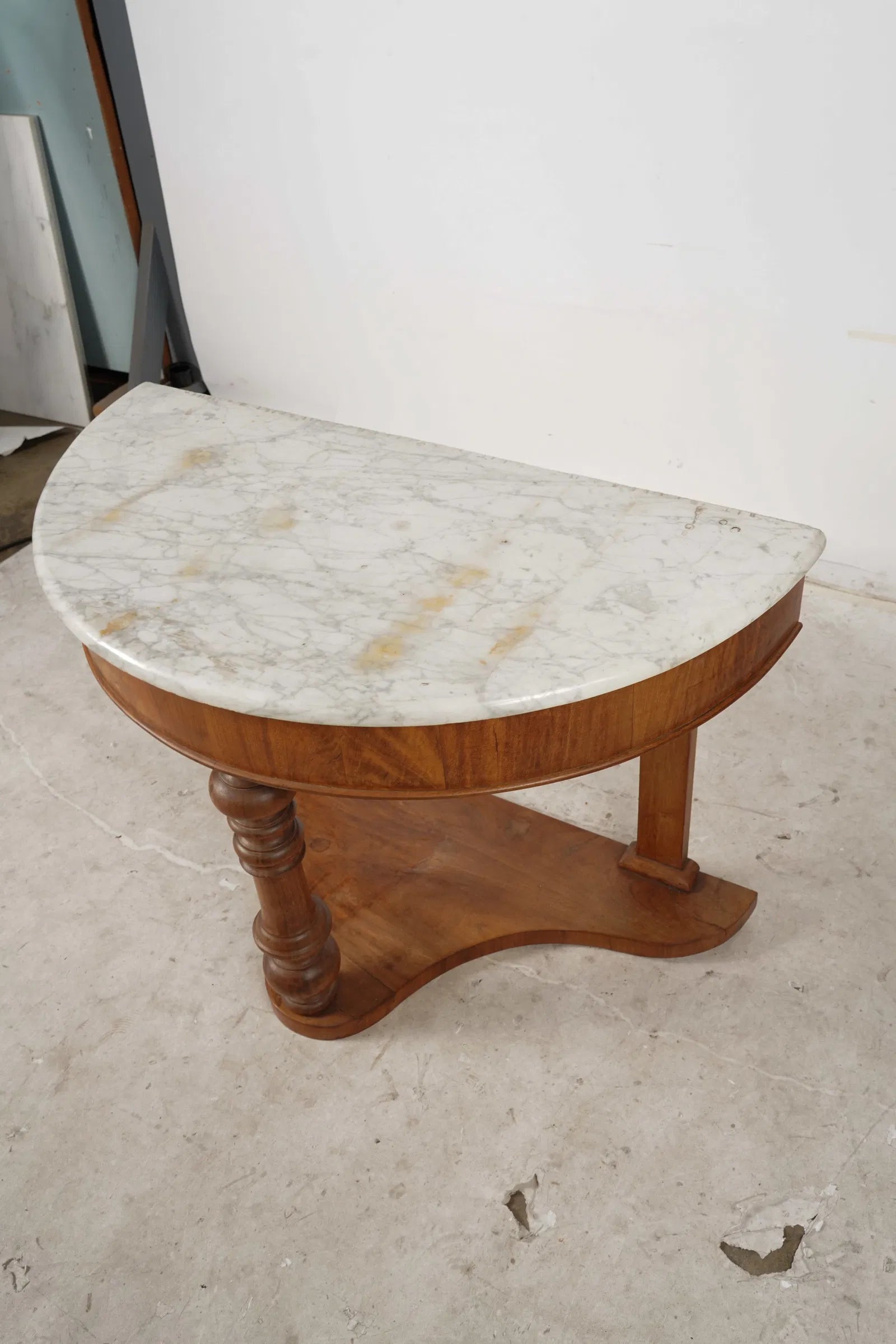 AF1-053: Antique Mid 19th Century Marble Top Mahogany Demi lune Console Table