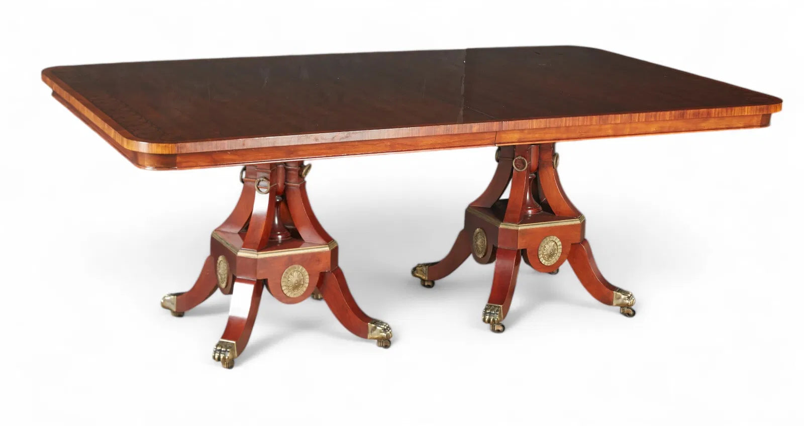 AF1-057: 20th Century John Widdicomb Neoclassical Pedestal Inlaid Mahogany Extension Dining Table