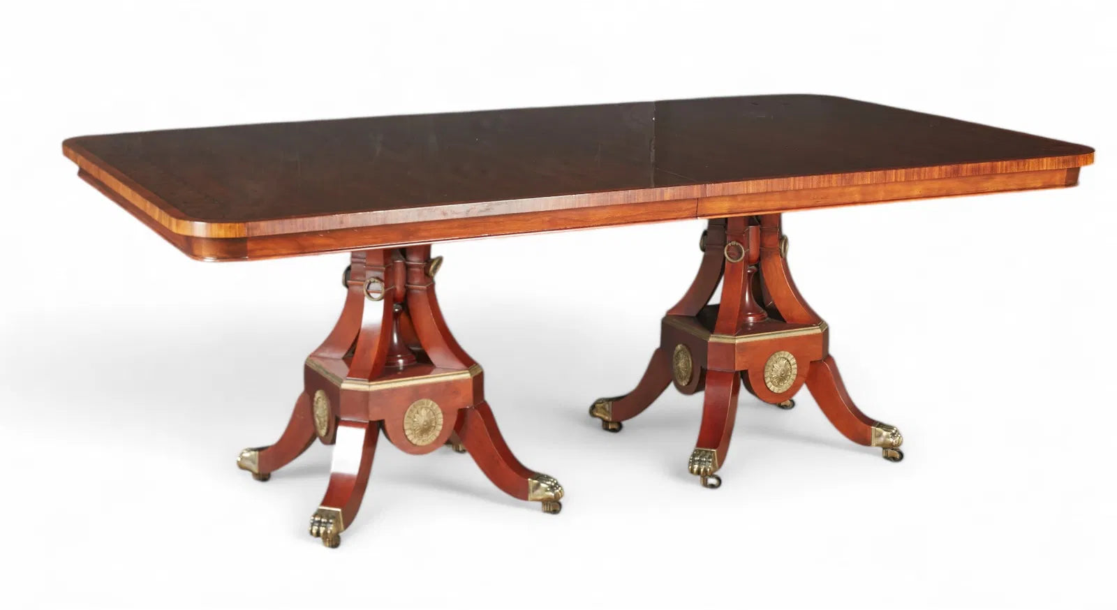 AF1-057: 20th Century John Widdicomb Neoclassical Pedestal Inlaid Mahogany Extension Dining Table