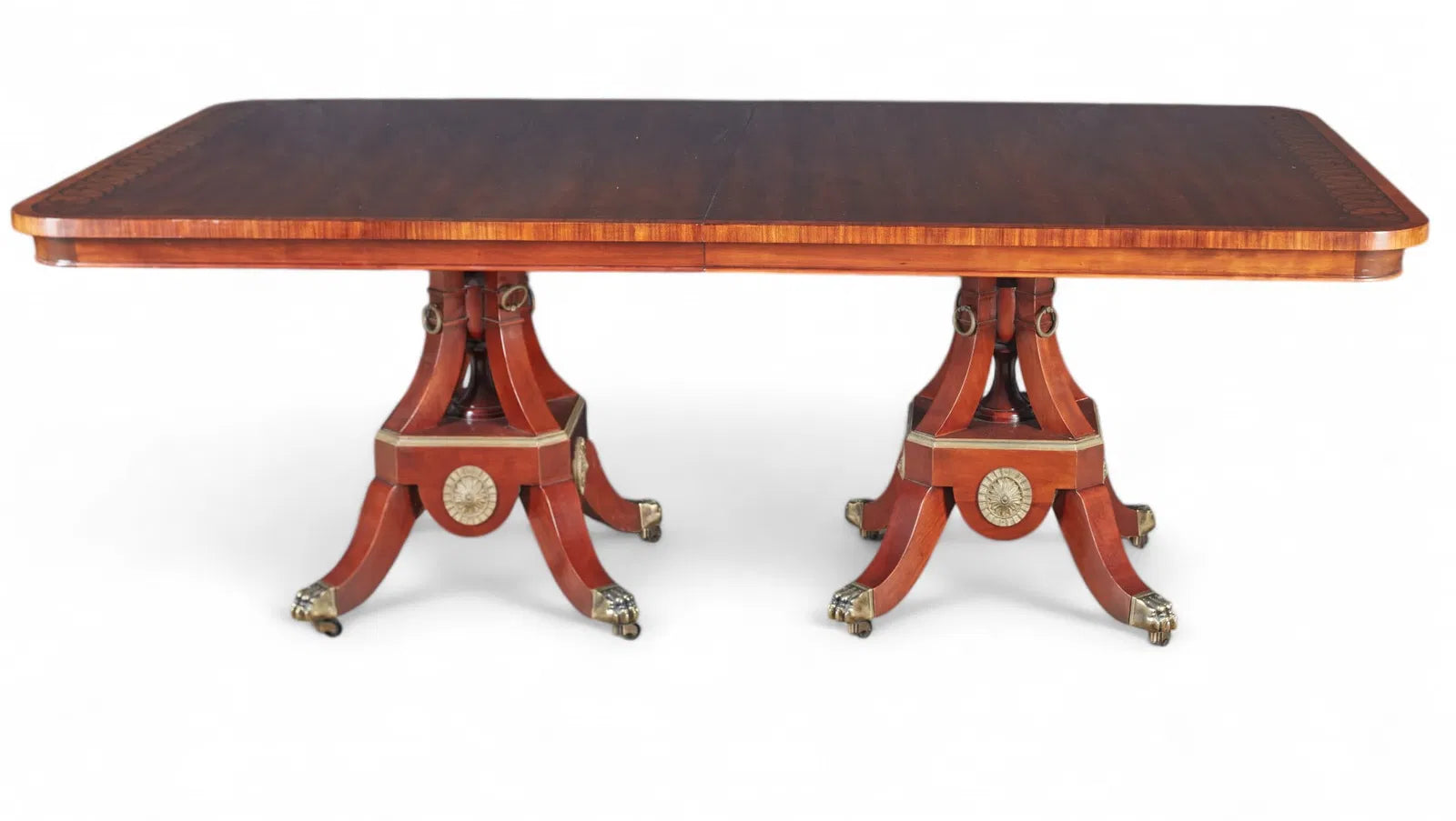 AF1-057: 20th Century John Widdicomb Neoclassical Pedestal Inlaid Mahogany Extension Dining Table