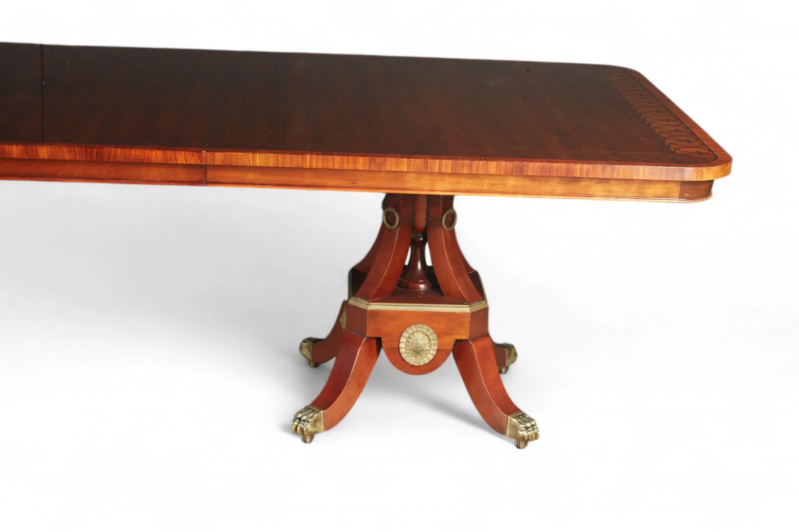 AF1-057: 20th Century John Widdicomb Neoclassical Pedestal Inlaid Mahogany Extension Dining Table