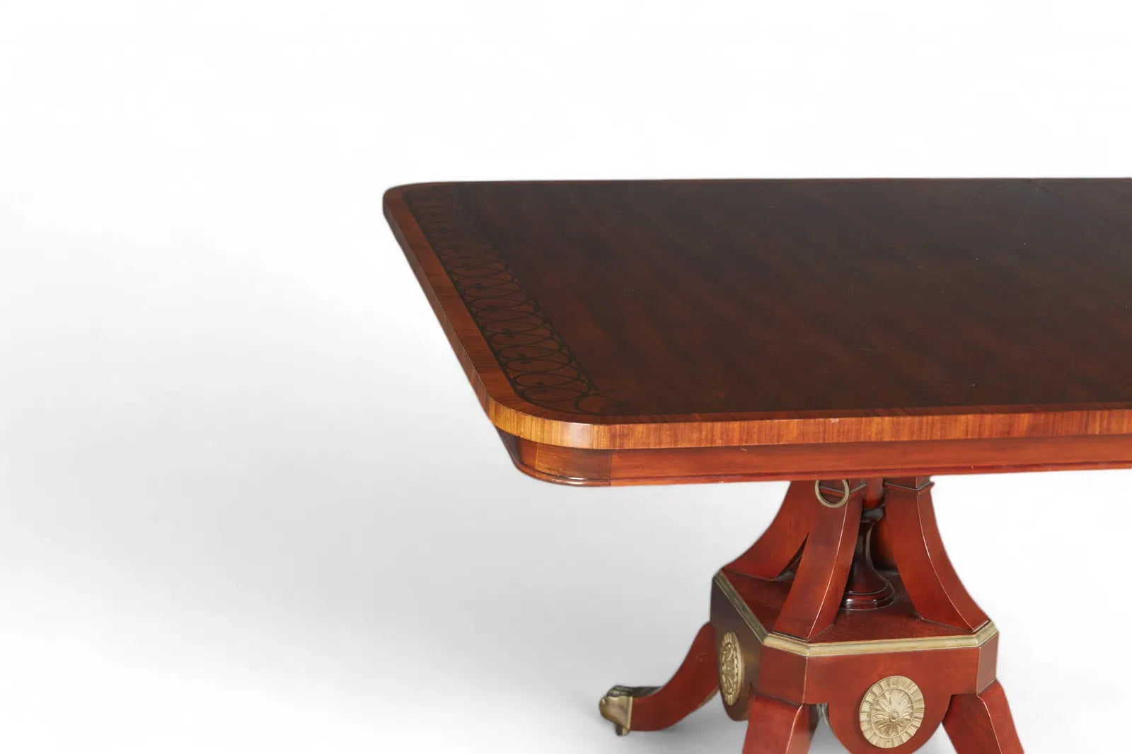 AF1-057: 20th Century John Widdicomb Neoclassical Pedestal Inlaid Mahogany Extension Dining Table